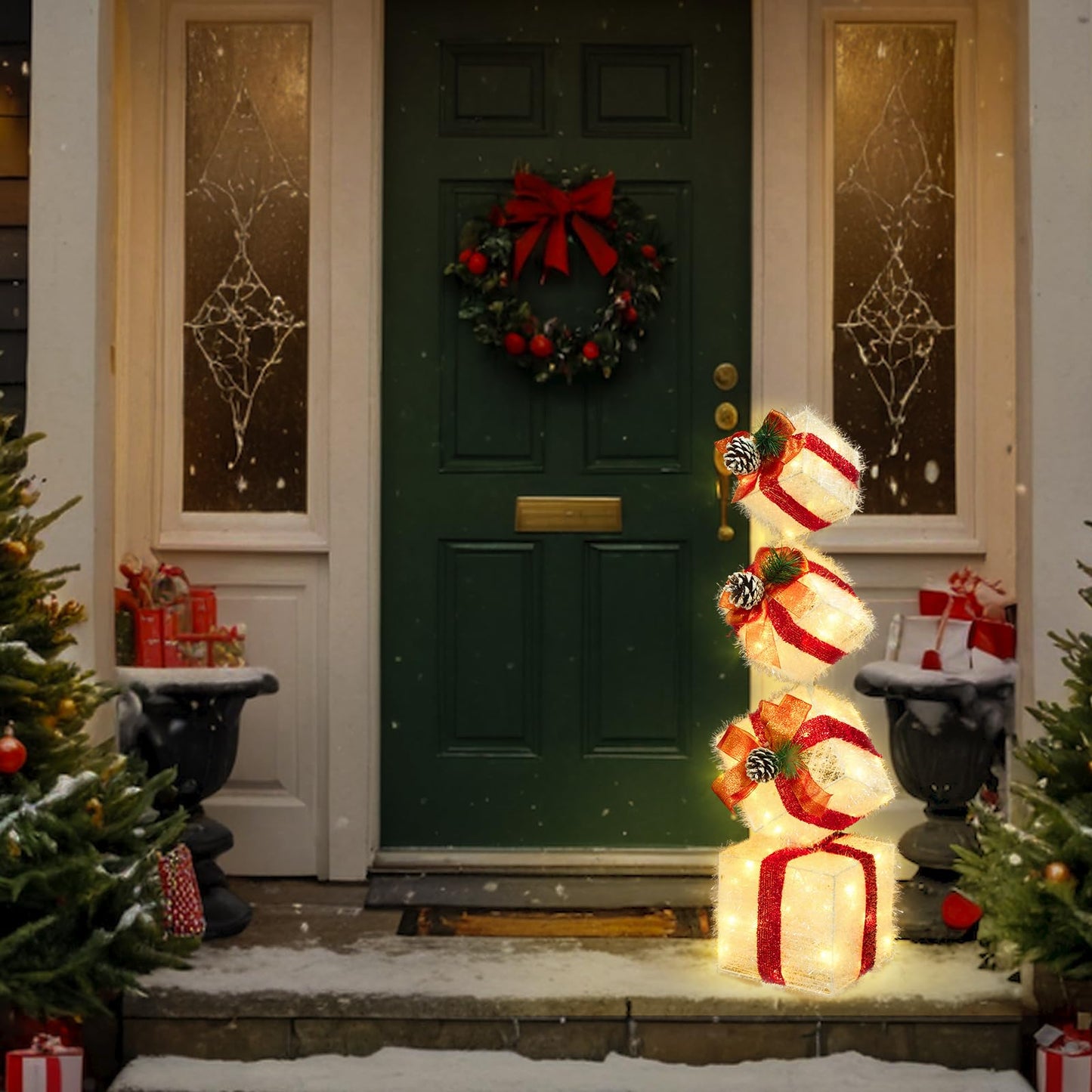 COVFEVER Christmas Lighted Gift Boxes Decorations Set of 4, 3.6Ft Stackable Christmas Nesting Boxes Battery Operated for Home and Party Decoration (10"-8"-6"-5", Red Bow)