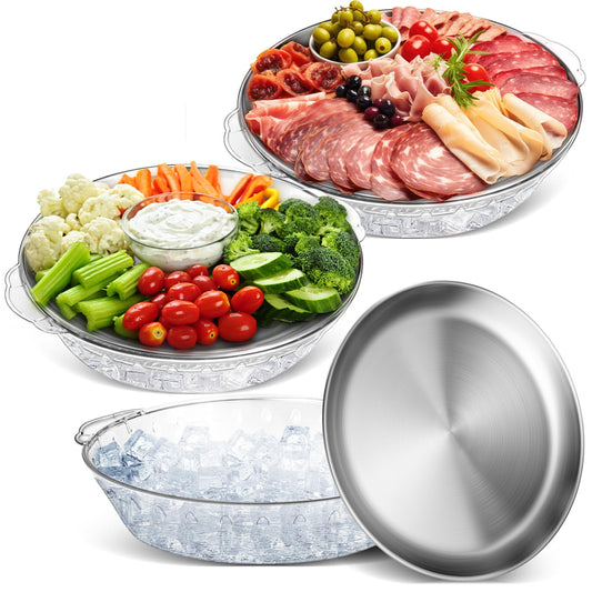 Baderke 3 Set 11.8" Chilled Serving Tray for Parties with Compartments Ice Chilled Party Platter Charcuterie Serving Board Cold Dish Dip for Fruit Seafood Vegetable Shrimp Cocktail (Natural)