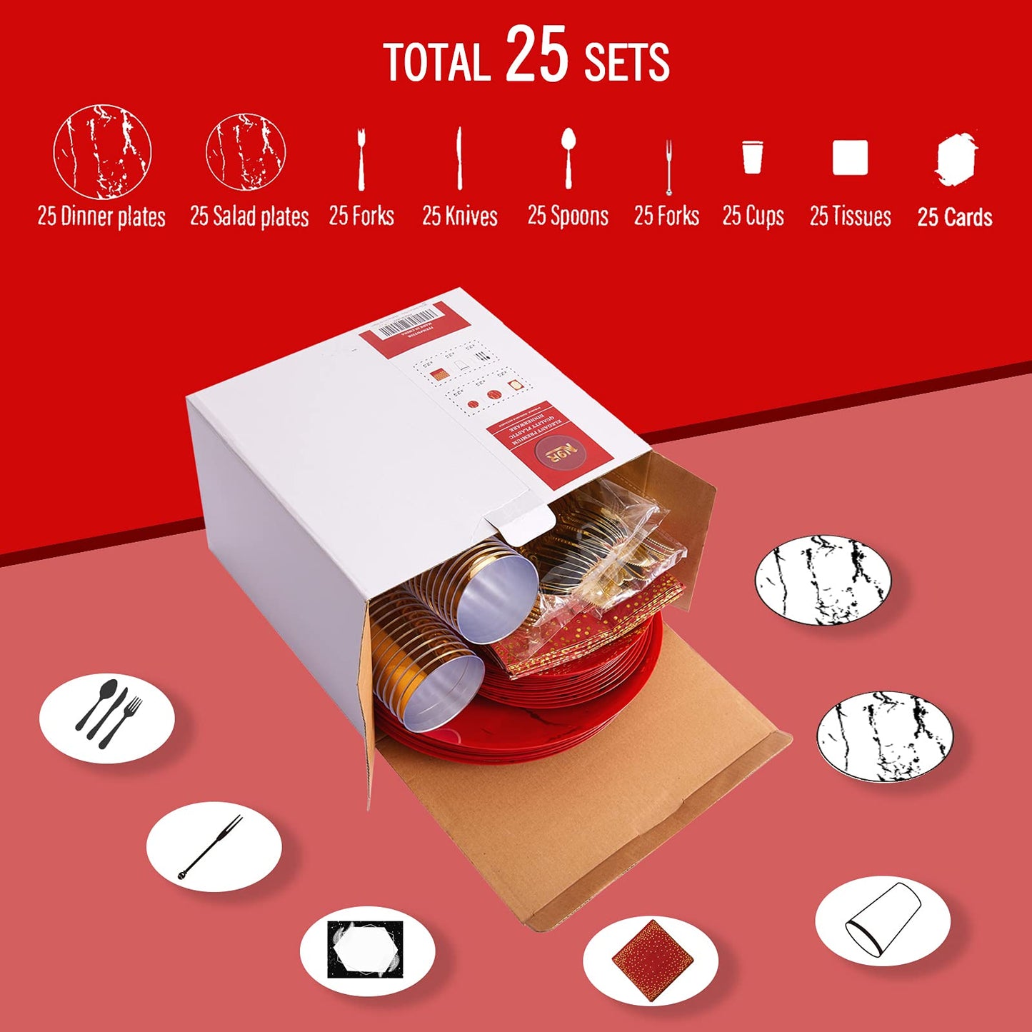 N9R 225PCS Red Gold Plastic Dinnerware Set - Disposable for Mother’s Day, Includes 25 Dinner Plates, 25 Dessert Plates, 25 Forks, 25 Spoons, 25 Knives, 25 Gold Cups, 25 Napkins & Table Cards