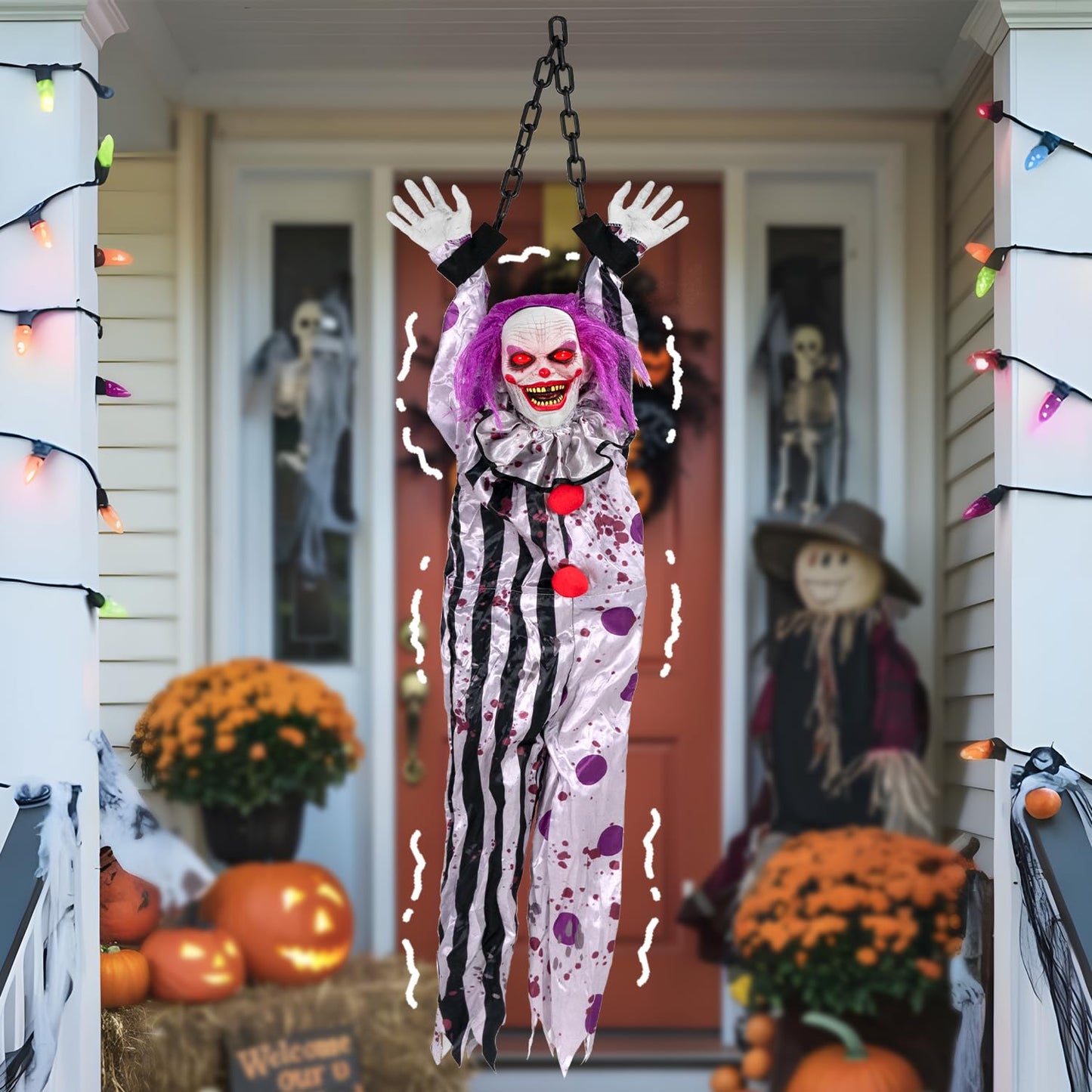 Kendane Halloween Decorations Outdoor and Indoor,Scary Halloween Animatronics Clown,Hanging Clown with Light-Up Eyes and Creepy Sound,Party Decorations for Yard Lawn,Haunted House Decor