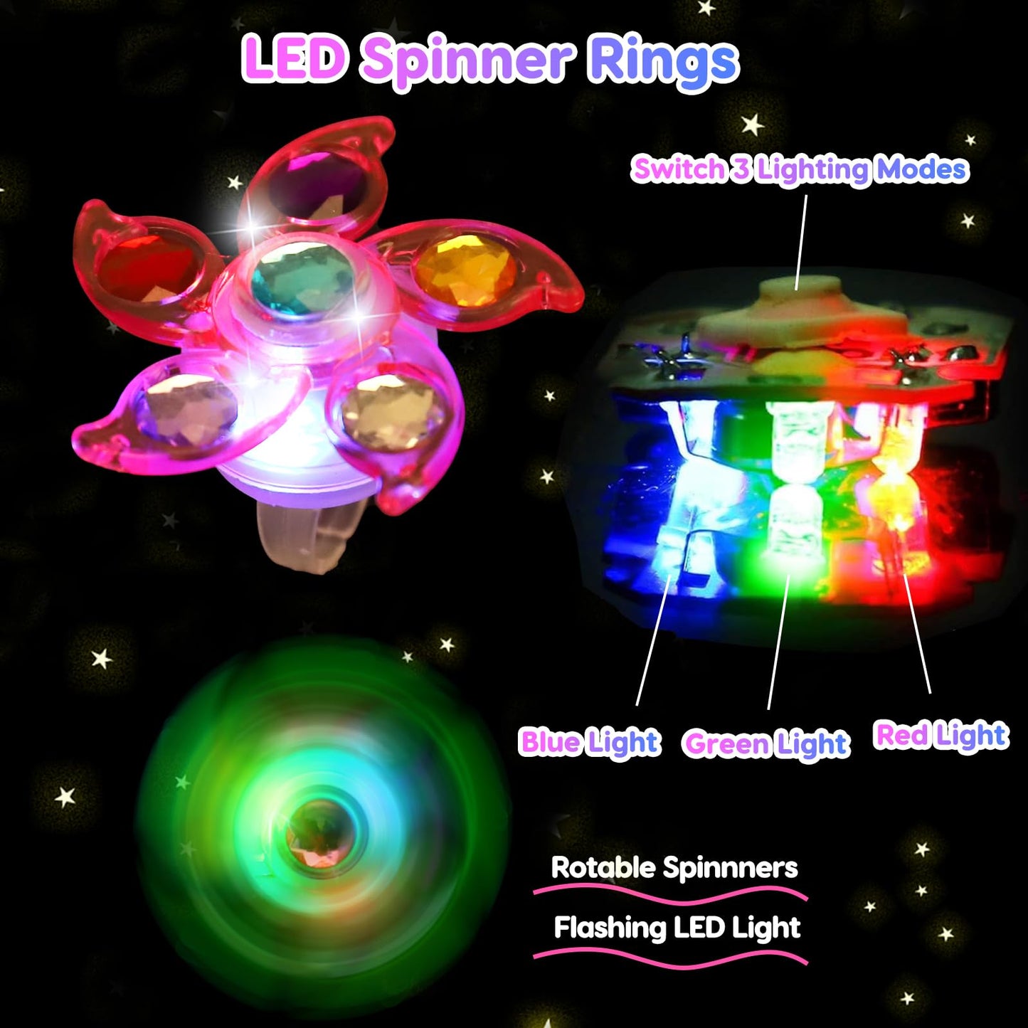 24PCS LED Light Up Fidget Spinner Rings Glow Party Favors Bulk for Kids 4-8 8-12 Goodie Treat Bag Stuffers Pinata Fillers Carnival Prizes Classroom Treasure Box Toys Birthday Return Gifts for Boy Girl