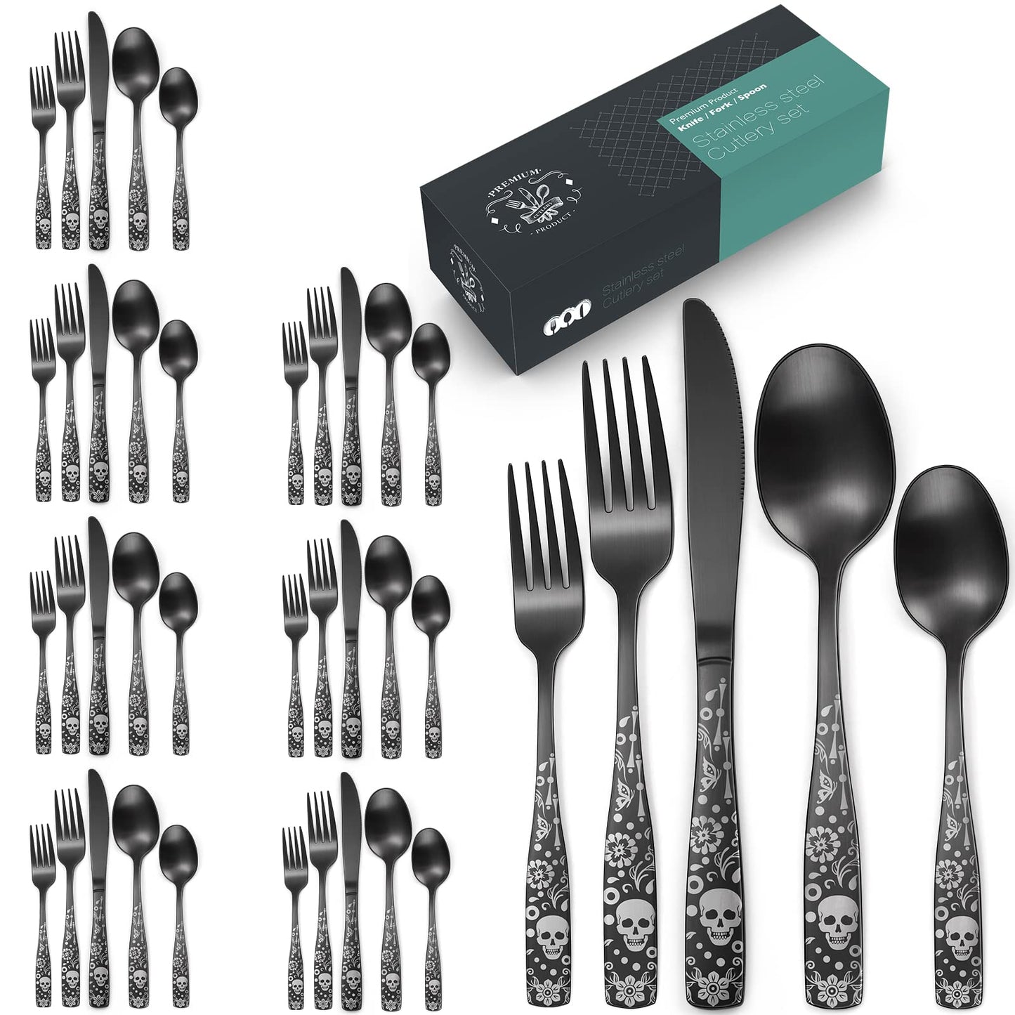 OIULO Pattern Matte Silverware Set for 8,40 Piece Gothic Black Flatware set,Skeleton Flower Bat Unique Pattern Design,Skull Knive Fork Spoon Spooky Utensils Cutlery,Halloween Party Supplies Event Tab