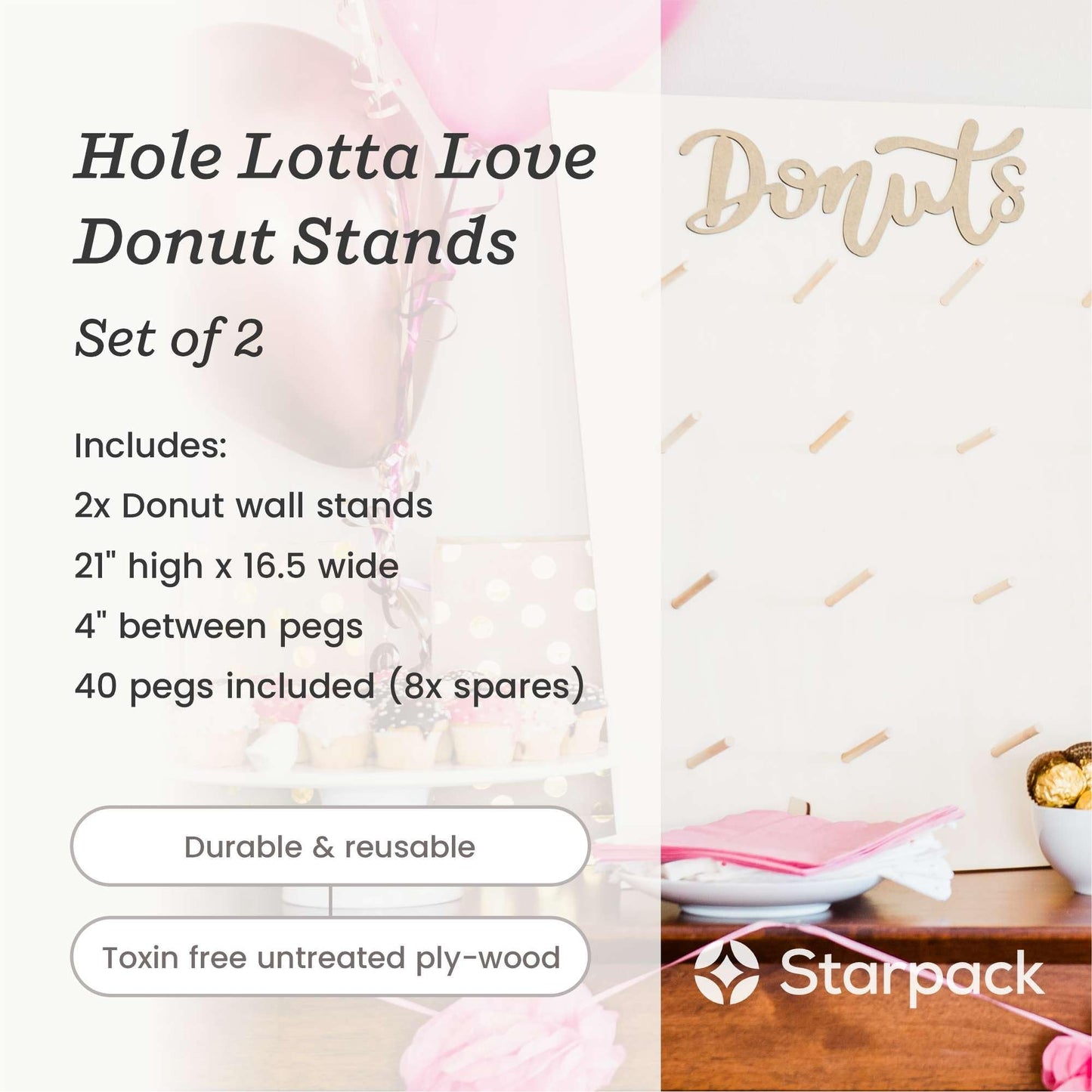 Starpack 'Hole Lotta Love' Premium Donut Wall Stand for Party (2 Pcs) - Wooden Donut Stand for Dessert Table - Treat Holder Stand for Party - Durable Treat Wall Display Stand for Decorations & Festive