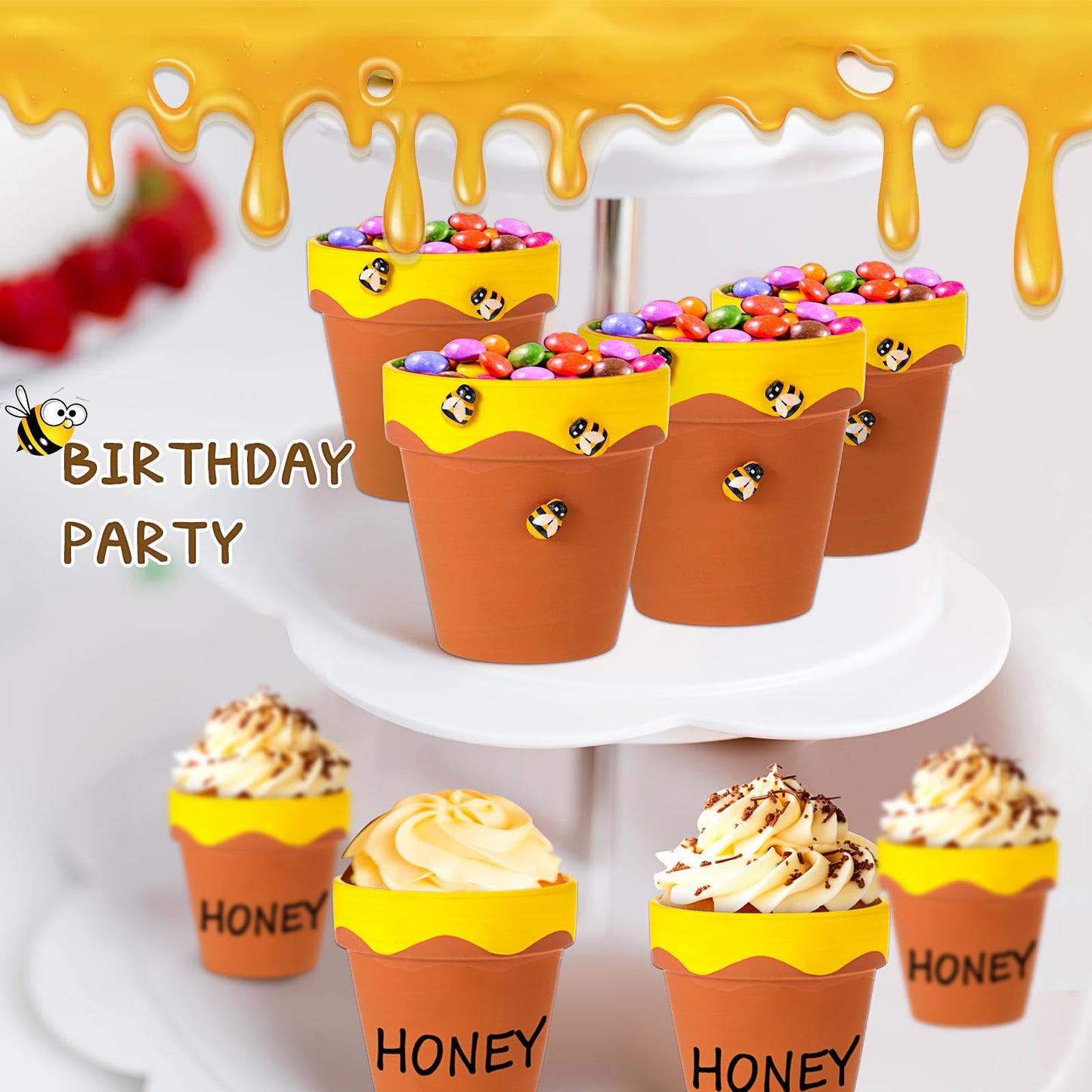 Leinuosen 24 Pcs Honey Bee Pot, 3 Inch Honey Jars for Cupcake, Planter, Bee Themed Party Favors for Baby Shower 1st Birthday Party Supplies and Wedding Gifts (Yellow and Brown)