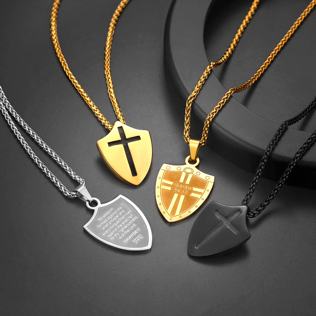 U7 Armor of God Necklace Ephesians 6:10, with Singapore Chain 22 Inch, 18K Real Gold Plated Stainless Steel Faith Cross Shield Pendant Necklace for Men and Women (Send Gift Box)