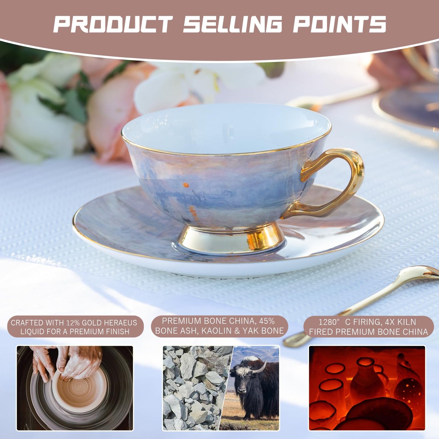 ANYA Coffee Cup Bone China Coffee & Tea Cup and Saucer Set with Spoon and Gift Box, Porcelain Cappuccino Cup, Ideal for Tea Parties, Single Set(7.4 oz) (Sunrise)