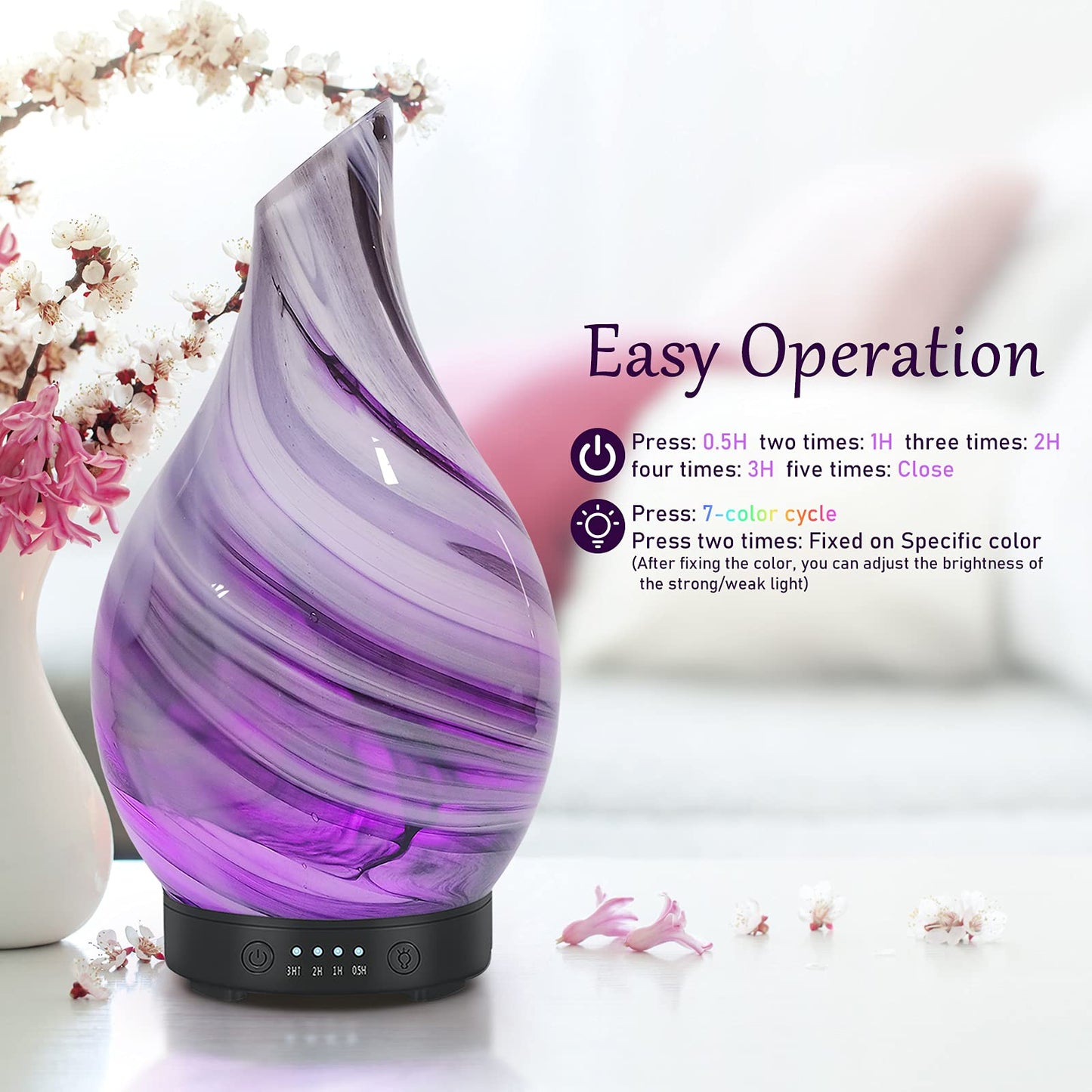Essential Oil Diffuser 120ml Ultrasonic Aromatherapy Diffuser with Handmade Glass BPA Free Waterless Auto-Off, 4 Timer Setting 7 Colors Changed LED for Home Yoga Office