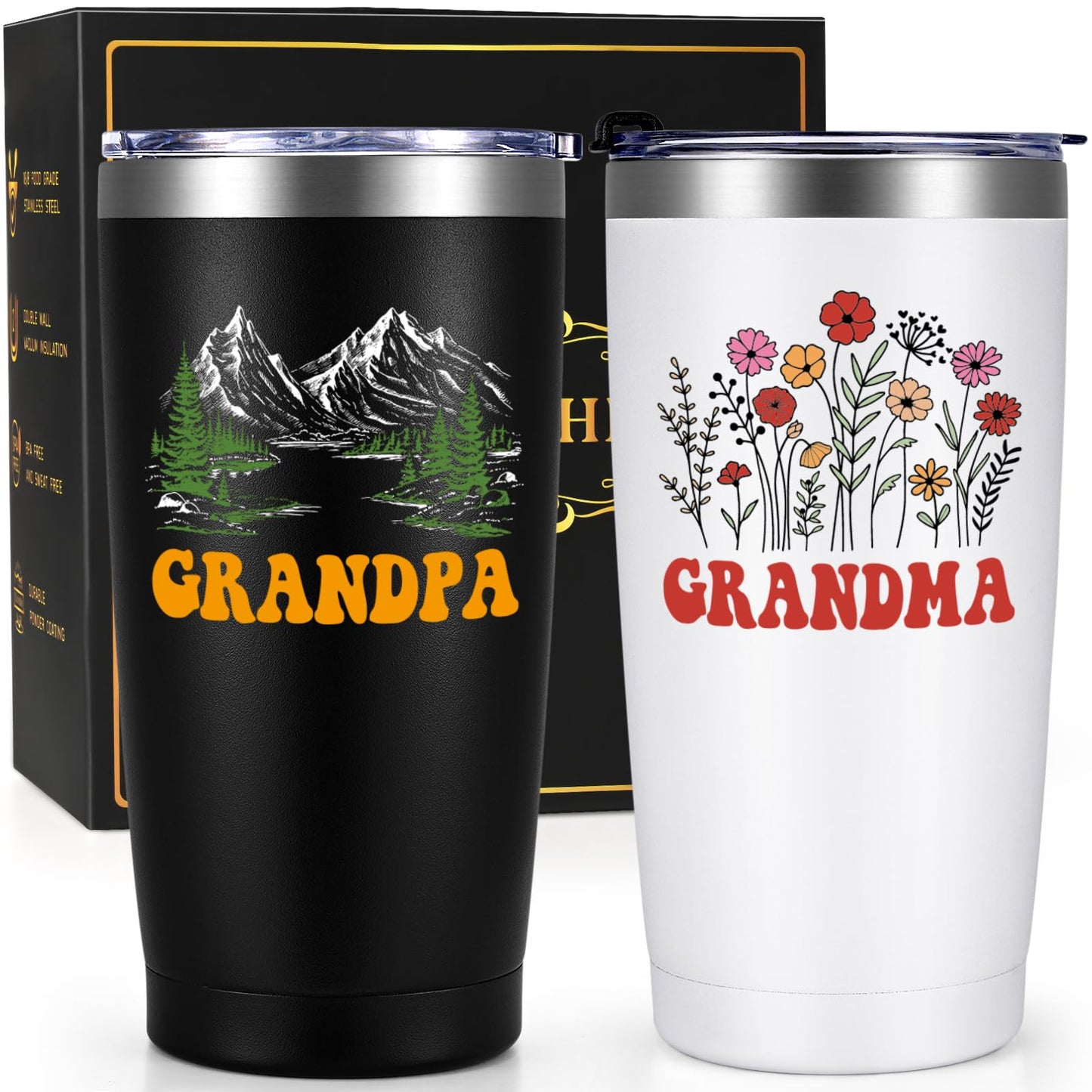 Qtencas Grandma and Grandpa Gifts, Grandparents Christmas Gifts, Grandpa and Grandma insulated Travel Tumbler Set, Gift for Grandparents on Christmas Birthday Anniversary, 20 Oz Black & White