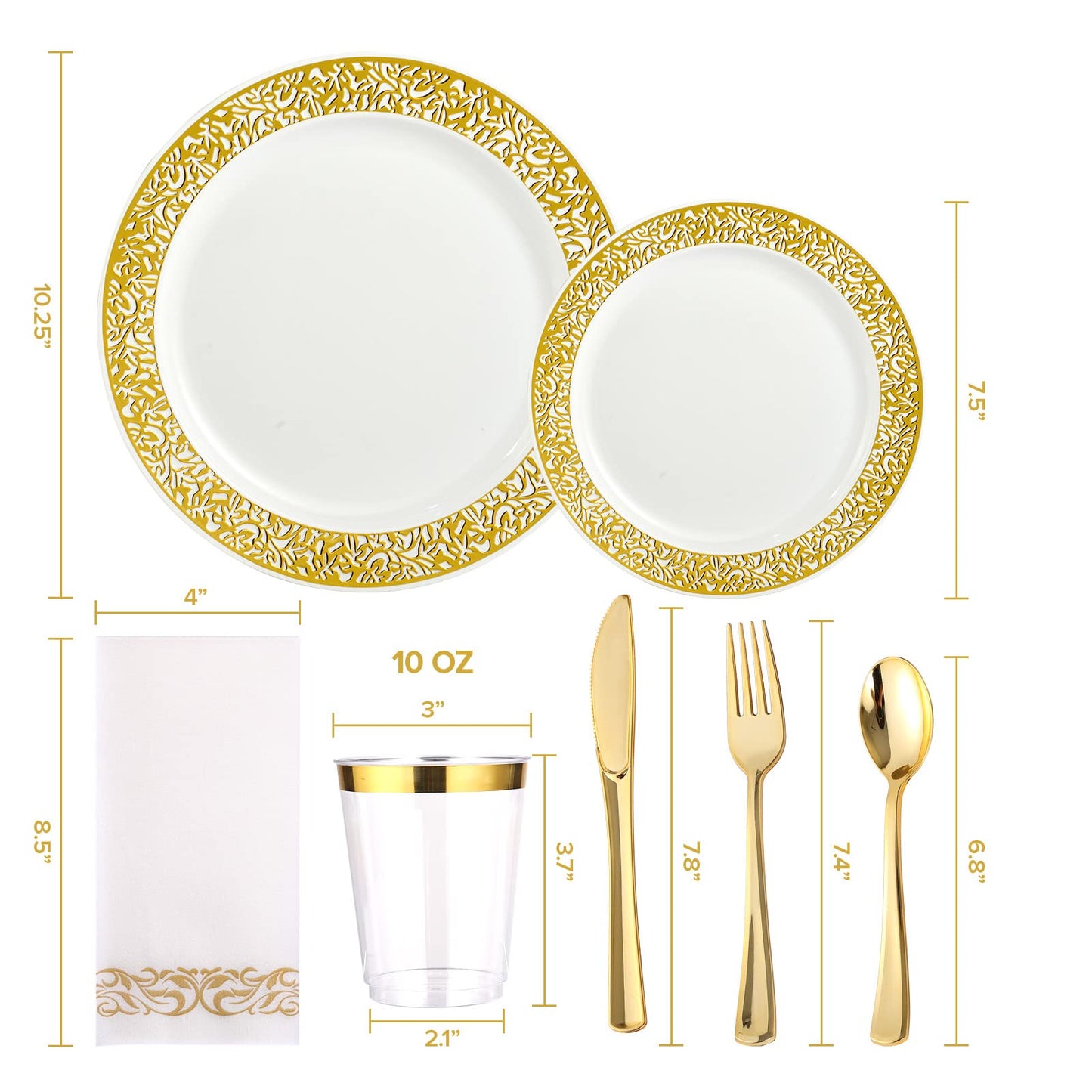 FOCUSLINE 175 Ct Gold Dinnerware Set for 25 Guests, White Plastic Plates with Gold Lace Rim Design, Including 25 Disposable Dinner & Dessert Plates, Cups, Napkins, Cutlery Set