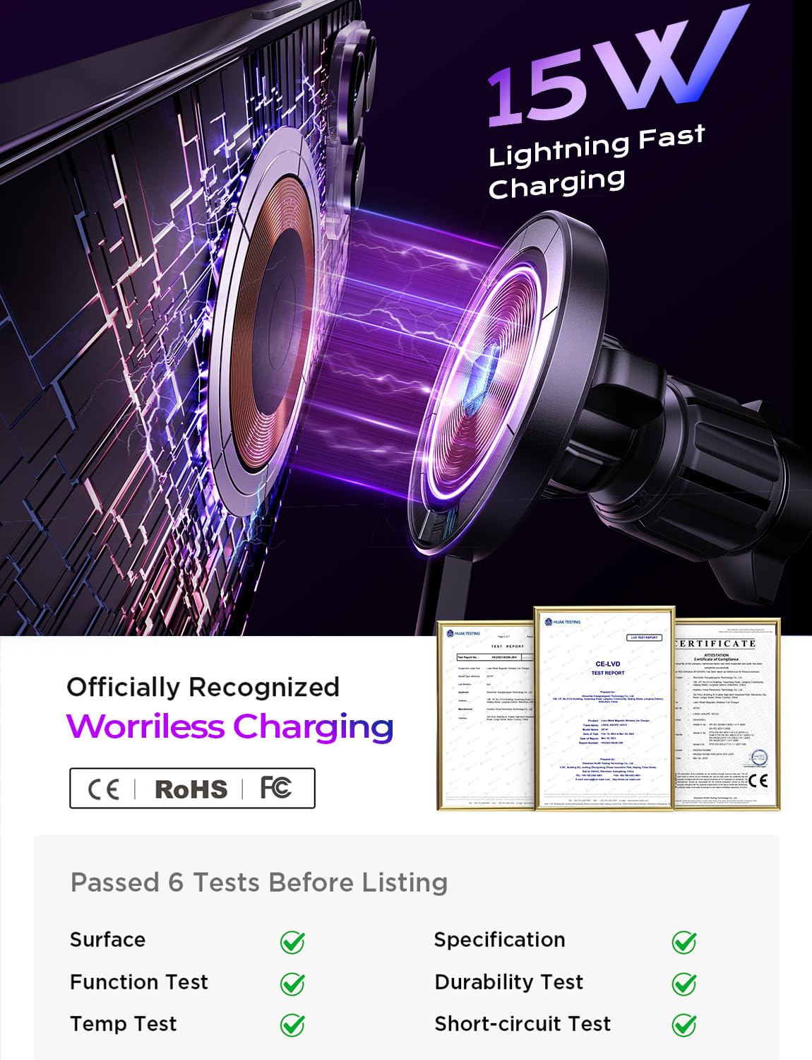 LISEN for 15W MagSafe Car Mount Charger,Magnetic Wireless Car Charger for iPhone 16 Pro Max Accessories,Magnetic Phone Holder for 17 iPhone 16e 15 14 13 12,Samsung ＆ Pixel with MagSafe,Gifts