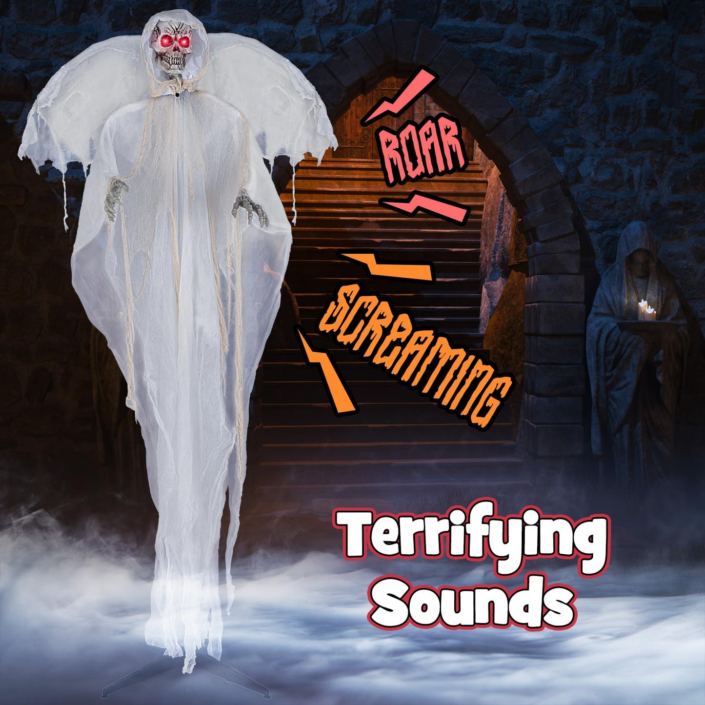 Tangkula 8.3 ft Halloween Standing Haunted Angel, Voice Activated Animatronic Ghost w/Lighted Eyes, Automatic Wing Movement & Terrifying Sounds, Holiday Skeleton Angel Decoration for Indoor Outdoor