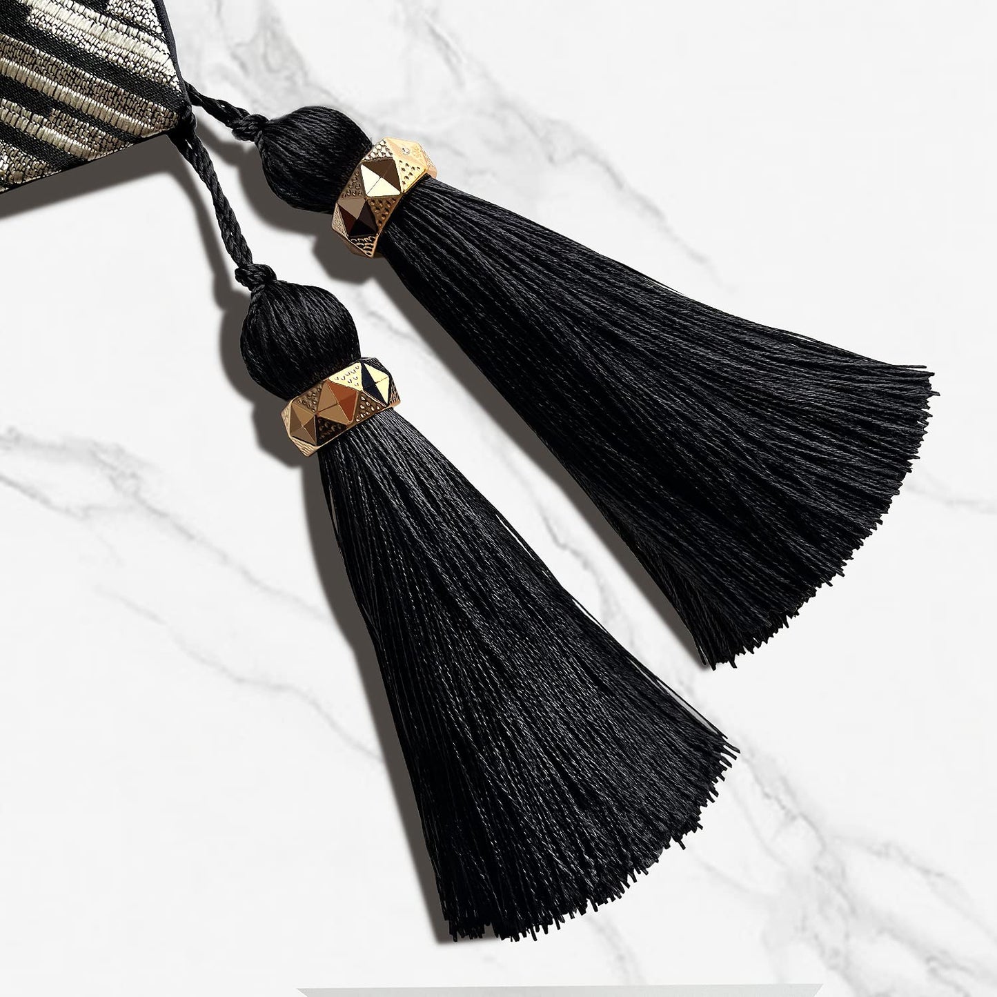 Fullony Black Table Runner 72 Inches Long Handmade Embroidery Modern Abstract Striped Pattern with Ring Stylish Tassels for Home Living Room Bedroom Dinner Room Kitchen Art Decor Thanksgiving