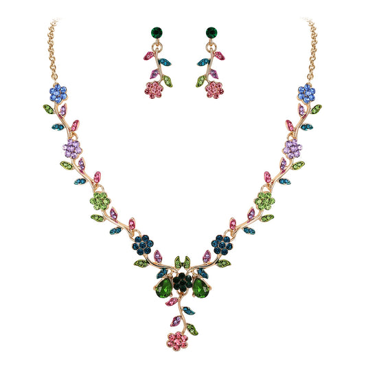 BriLove Women's Wedding Jewelry Leaf Cluster Flower Crystal Dangle Earrings Pendant Necklace Set for Bridal Multi Colour Gold-Tone