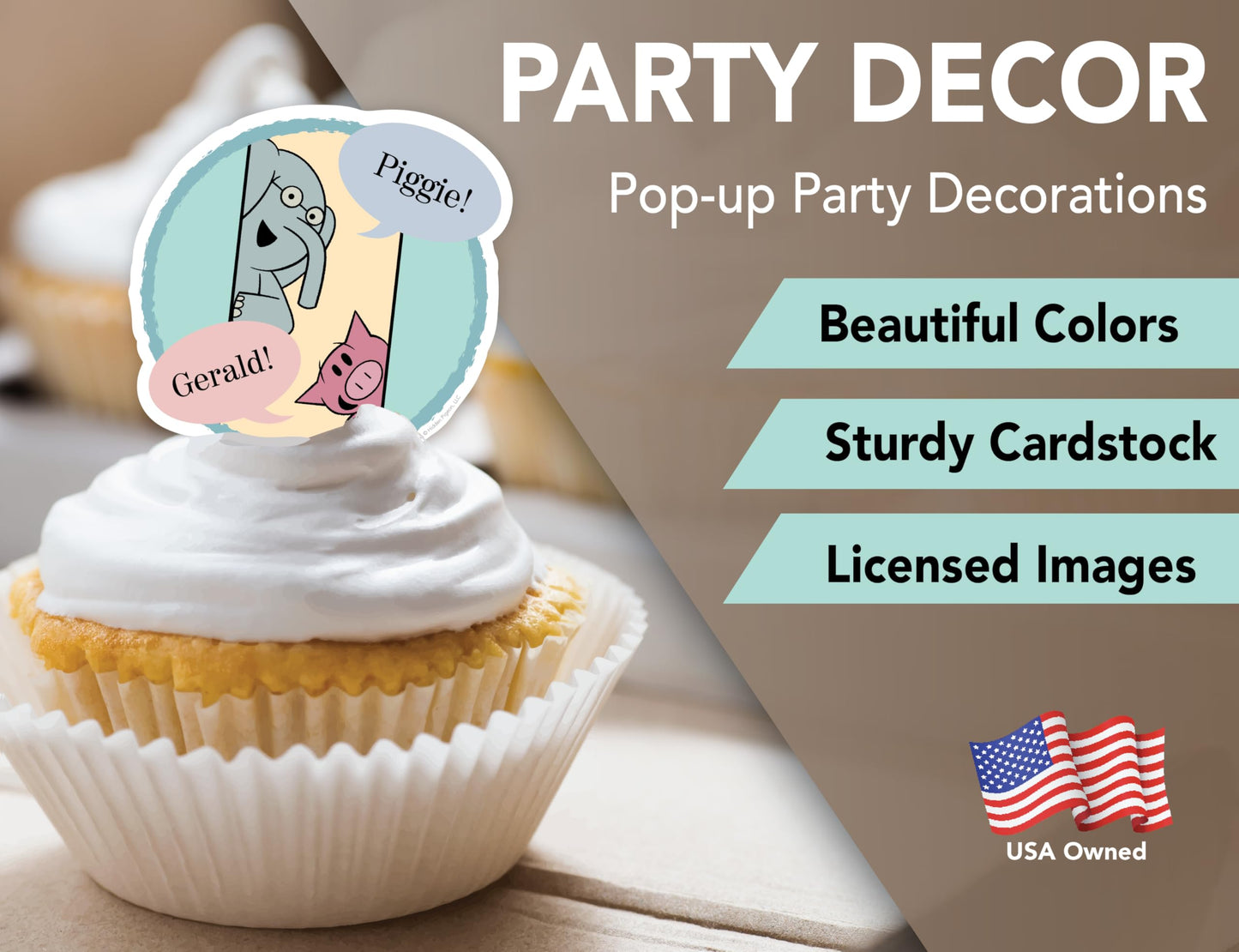 Elephant and Piggie Party Supplies Boy or Girl Birthday Party Decor with 8 Foot Banner, 24 Cupcake Toppers, Cake Topper, 4 Streamers with Gerald and Piggie Book Characters by Mo Willems (Party Set)