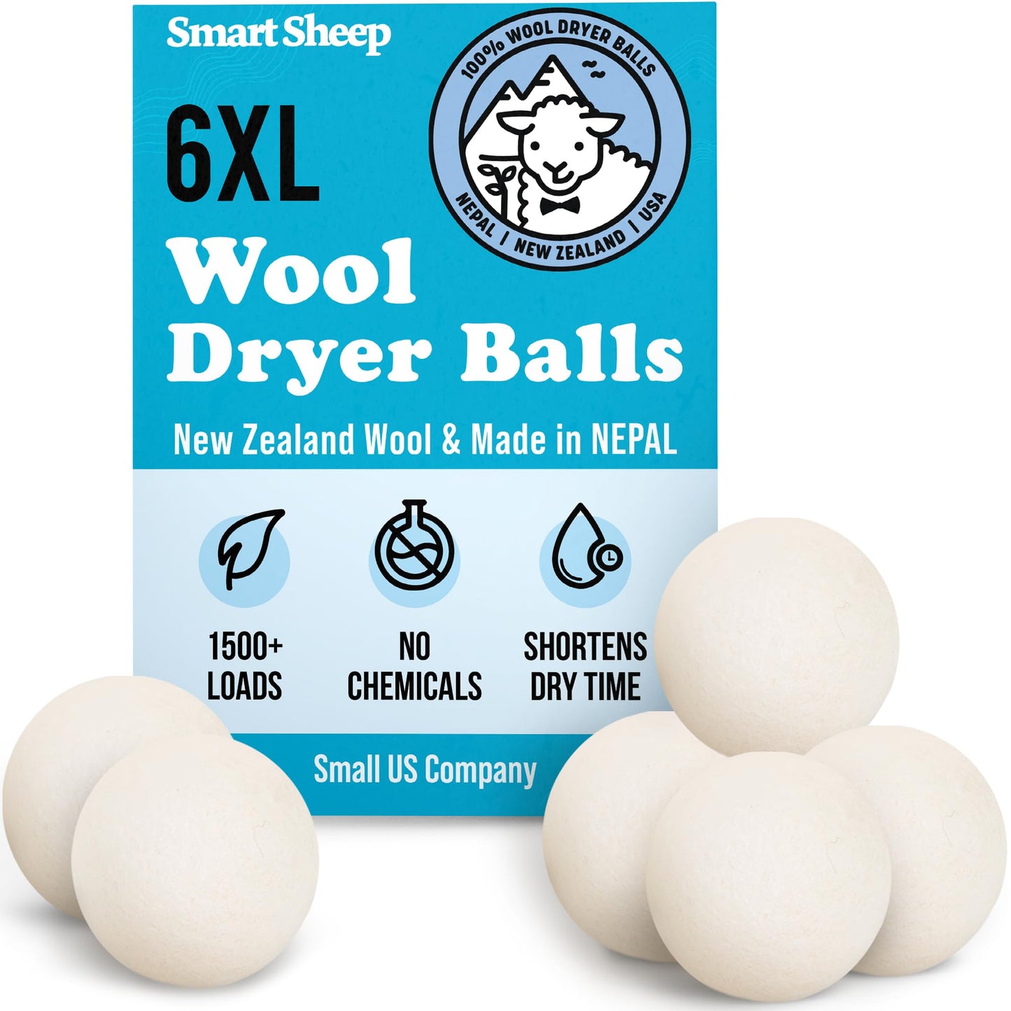 Smart Sheep Wool Dryer Balls - 6-Pack - XL Premium Natural Fabric Softener Award-Winning - Wool Balls Replaces Dryer Sheets - Wool Balls for Dryer - Laundry Balls for Dryer