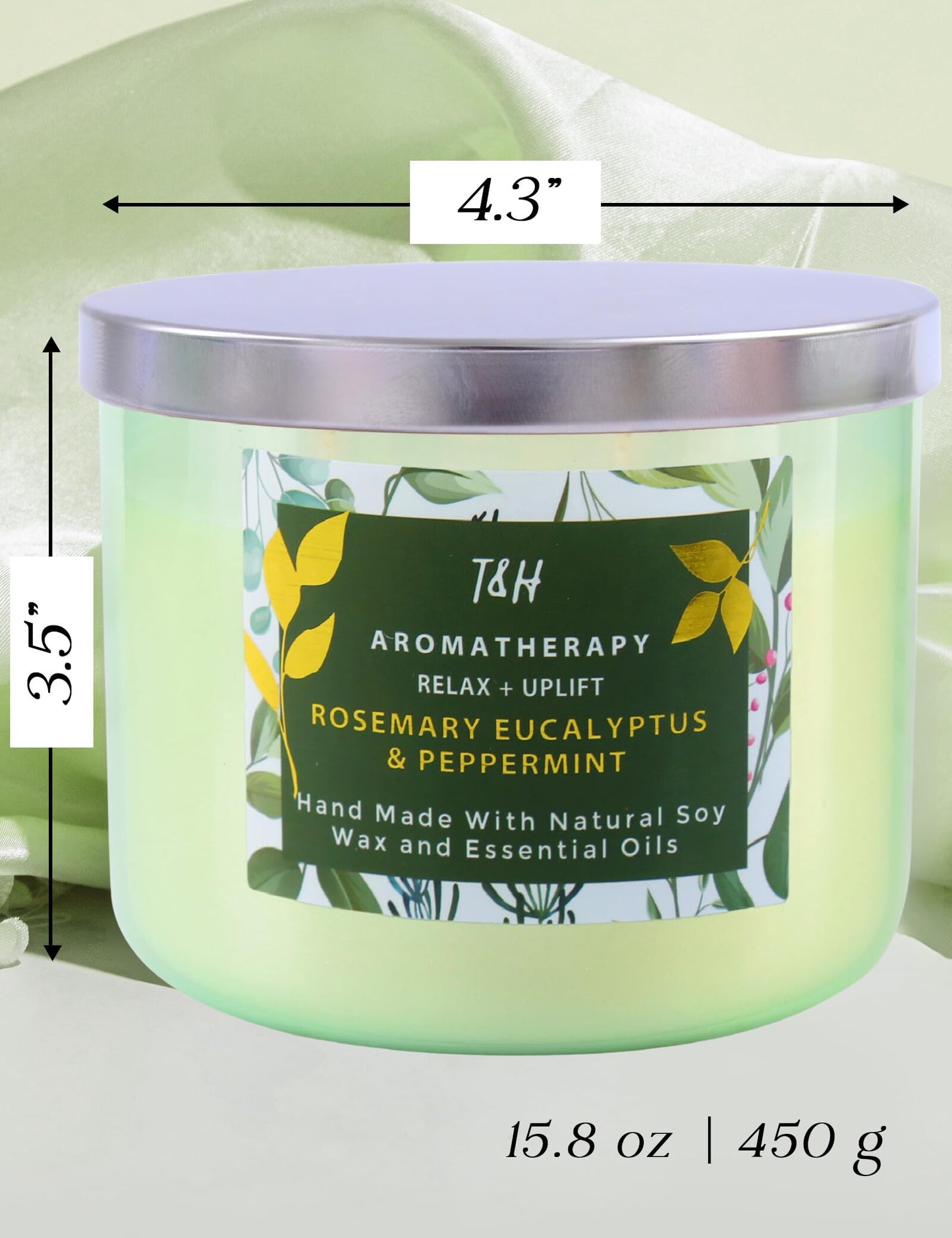Rosemary Eucalyptus Peppermint Candle | Highly Scented Large 3 Wick Soy Candle 15.8 oz | Uplifting Eucalyptus Mint Scented Candles for Home | Aromatherapy Stress Relief Spa Candles for Men & Women