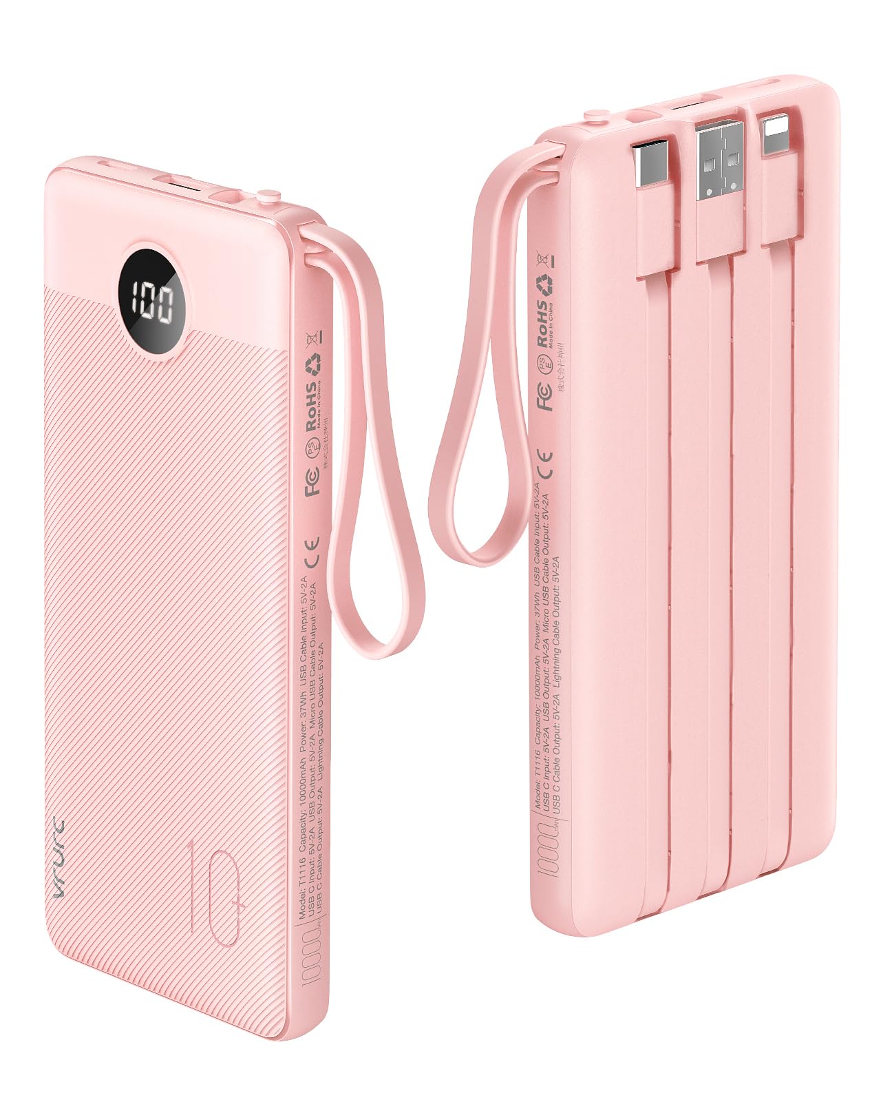 VRURC Portable Charger Power Bank, 10000mAh Travel Essentials Battery Pack, 5 Outputs 2 Inputs Slim Charging Bank Built-in Cables Cords Wires Compatible with iPhone,Samsung,Android-Pink(1 Pack)
