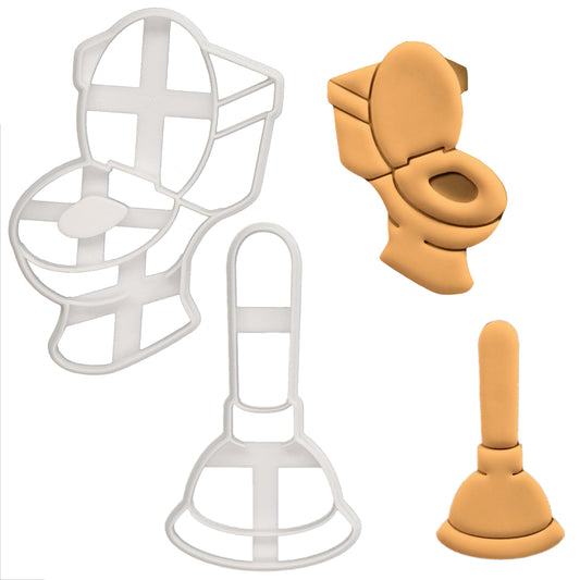 BAKERLOGY Set of 2 Toilet Bowl and Plunger Cookie Cutters - Detailed Biscuit Cutter Design for Baking and Crafts, ideal on fondant, dough, clay