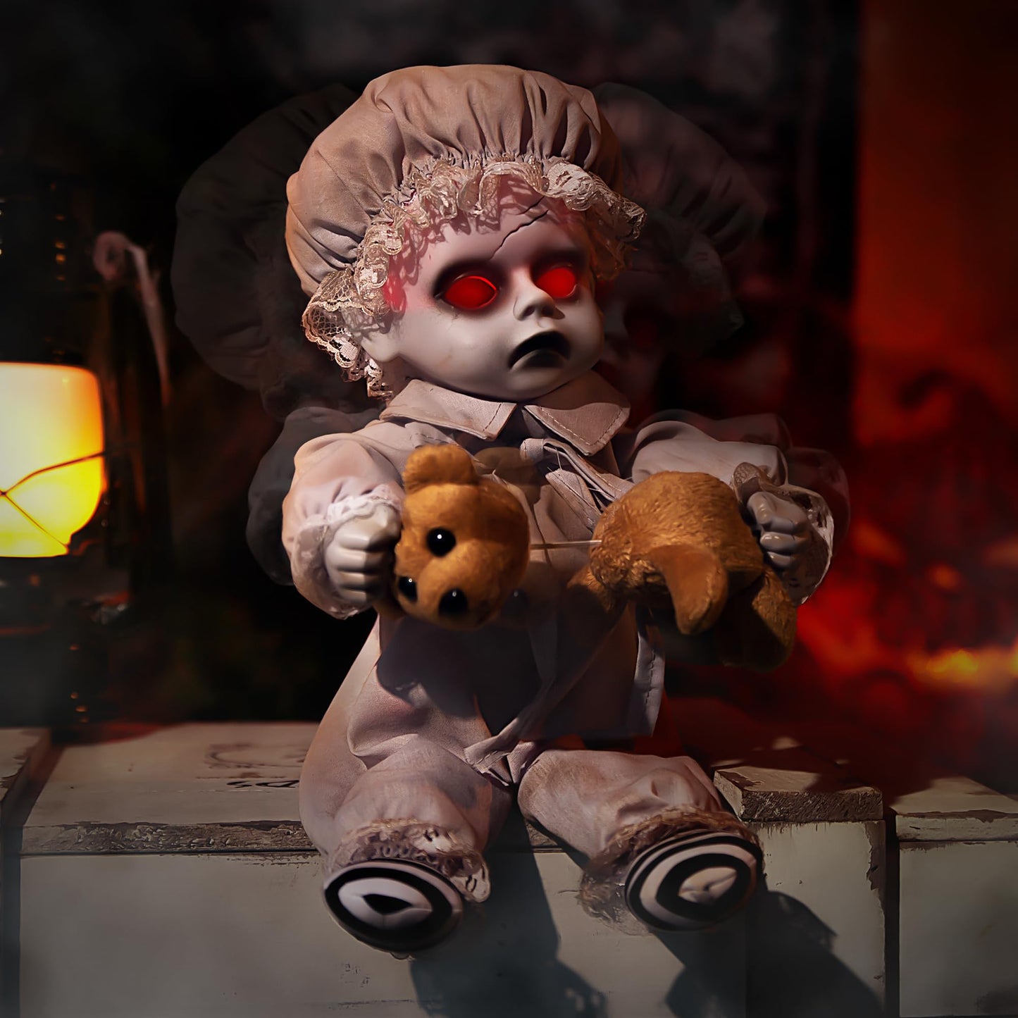 NEYEABL 10" Spirit Animatronic Ghost Boy Doll Halloween Decorations.-Sound Activated,Creepy Sound & Head & Hand Movements,Red Eyes Lit, Haunted House Holiday Props, Halloween Spooky Animations