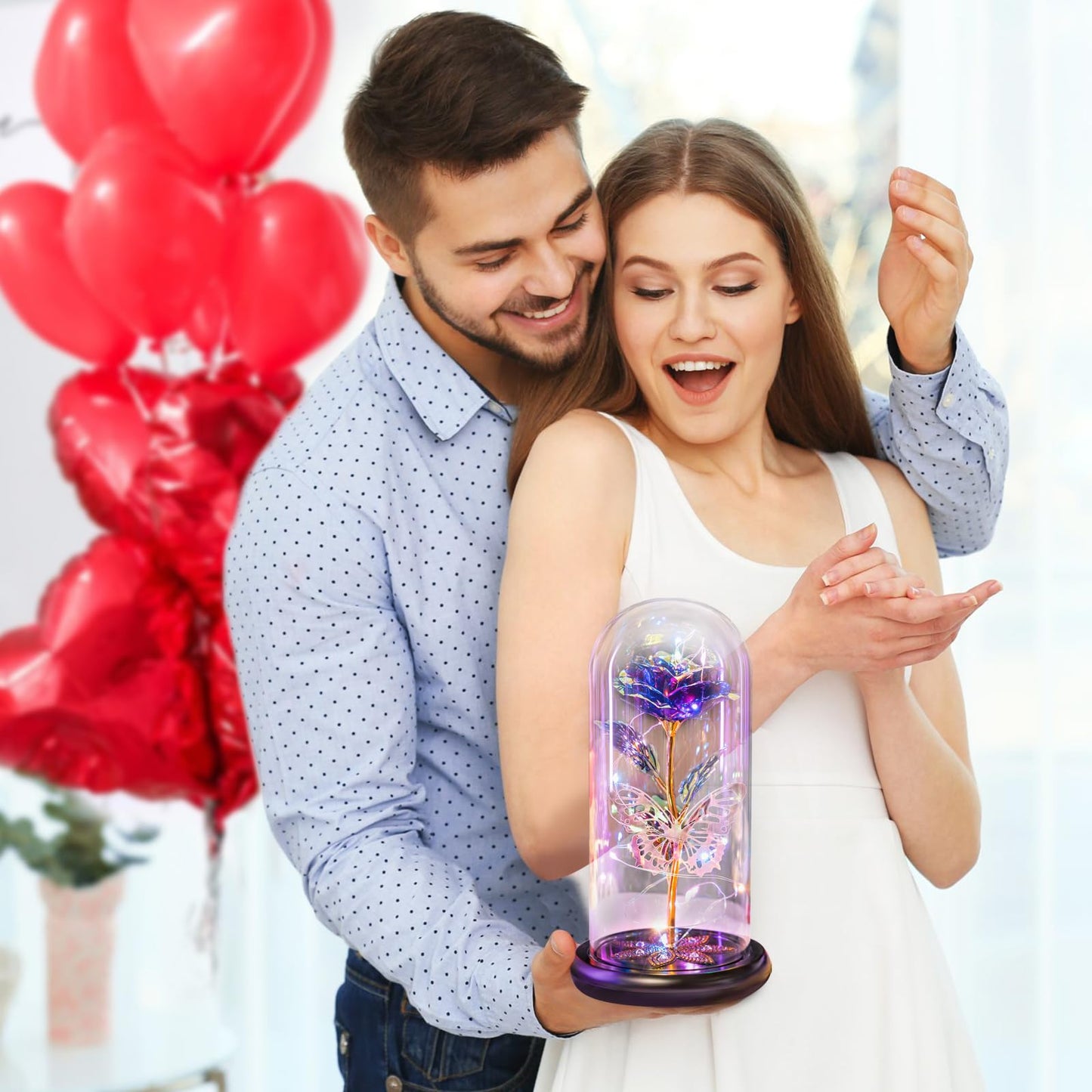 Gifts for Women Mom Birthday Gift, Galaxy Glass Rose Flower Gifts Forever Eternal Crystal Light Up Rose in Glass Dome with Butterfly Mothers Day for Her Mom Wife Daughter Sister Purple