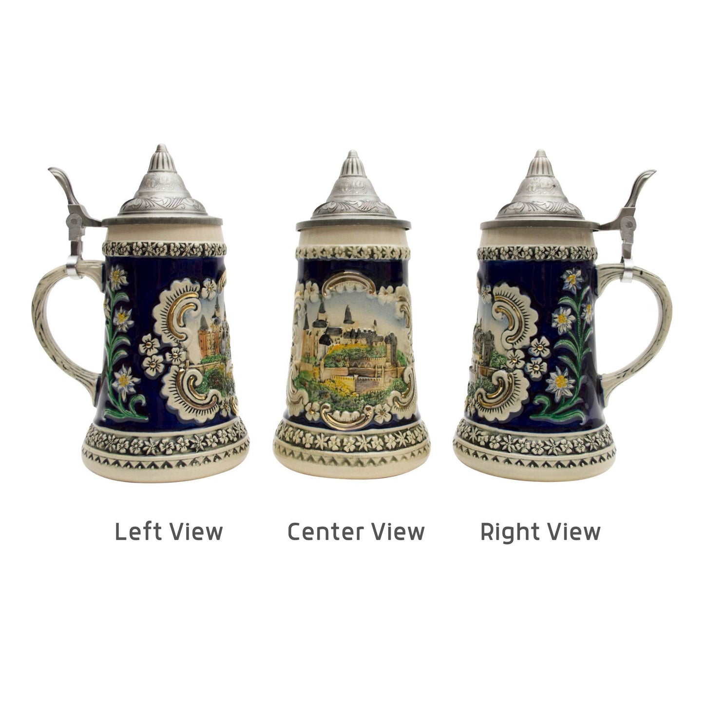 Essence of Europe Gifts 0.6 Liter German Beer Stein with Lid - Engraved Hand Painted Medieval Castle Beer Steins Mug - Oktoberfest Ceramic Tankard Beer Mug