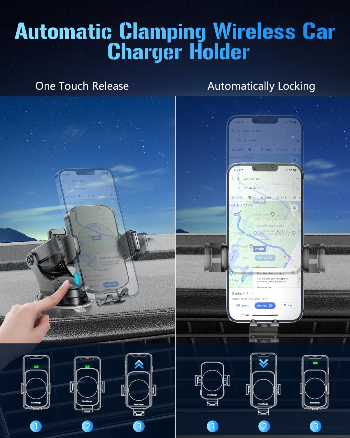 Wireless Car Charger, Fast Charging Phone Holder BothLin 3 in 1 Phone Mount Auto Clamping Car Accessories Compatible with iPhone 16 15 14 13 12 11 Xs XR, Samsung S23 Ultra S22 S21 S20/S10+ S9+ Note 9