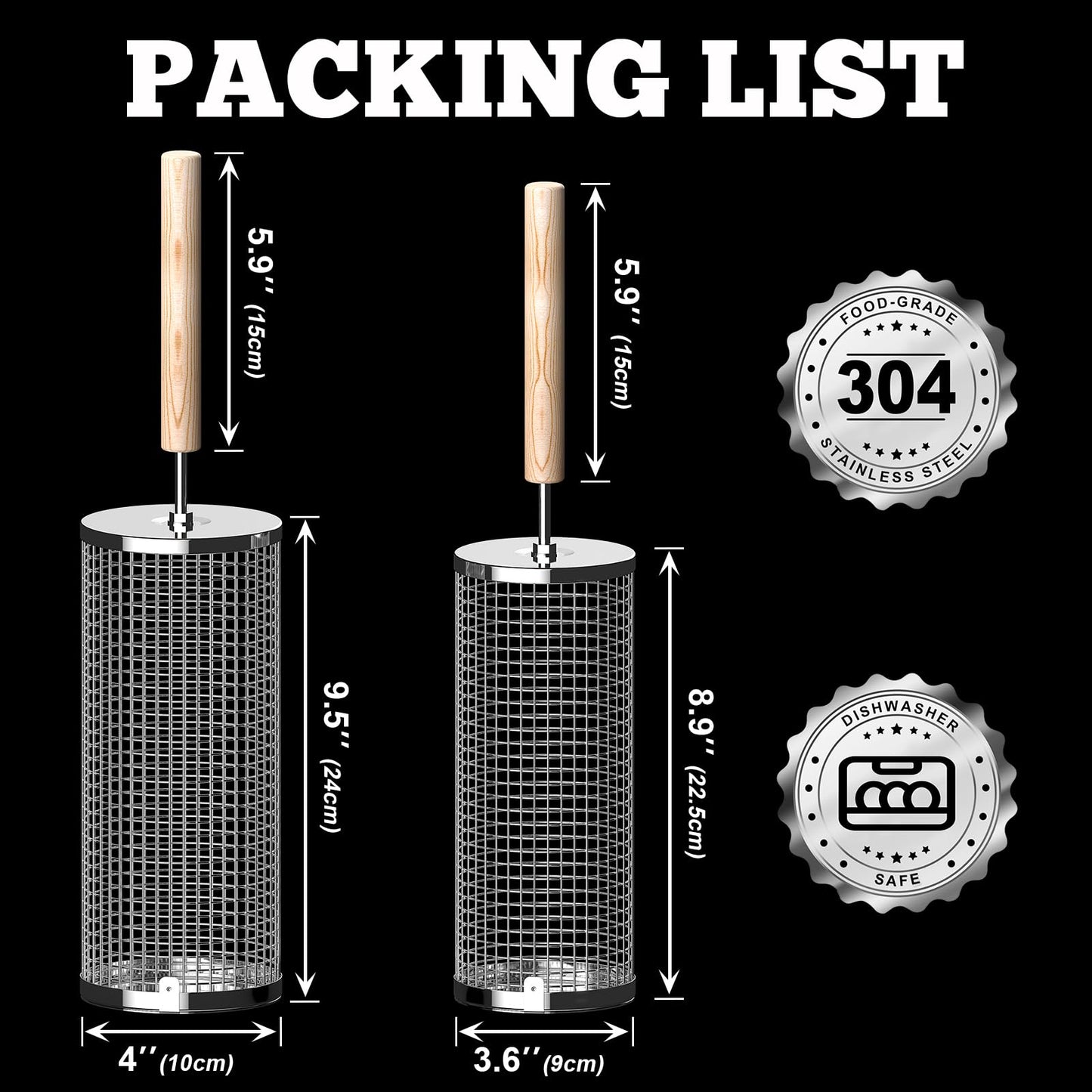 ivtivfu Rolling Grill Baskets, Removable Wooden Handle, 304 Stainless Steel, Nesting Grilling Net, BBQ Accessories Tools for Vegetable Shrimp, Outdoor Cooking Camping, Birthday Gifts for Men Dad Husband