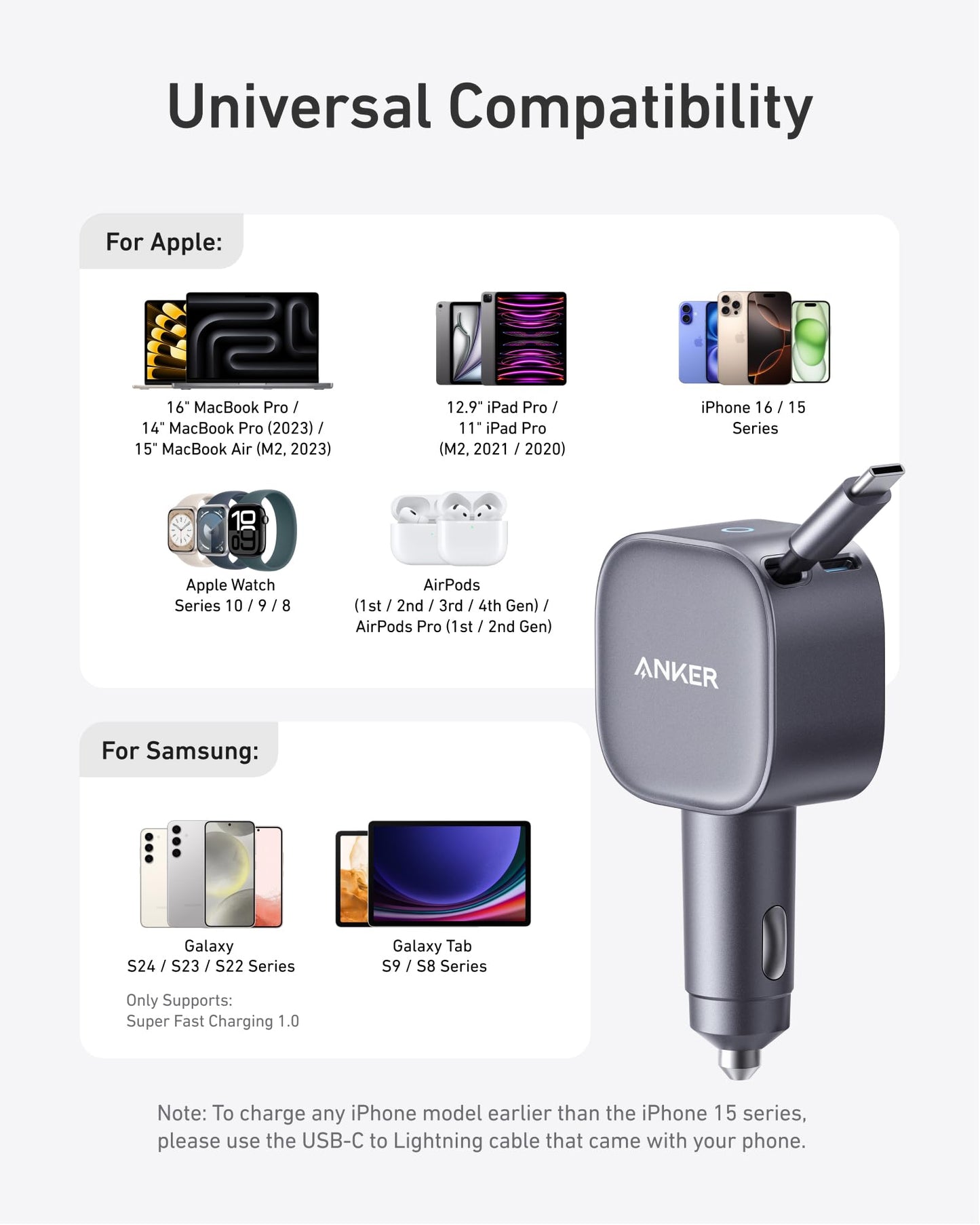 Anker USB-C Car Charger, 75W Max Ultra-Compact Type-C Fast Car Charger with Built-in Retractable Cable Car Adapter for iPhone 15/14 Series, Samsung S24/S23, MacBookPro/Air, iPad, and More