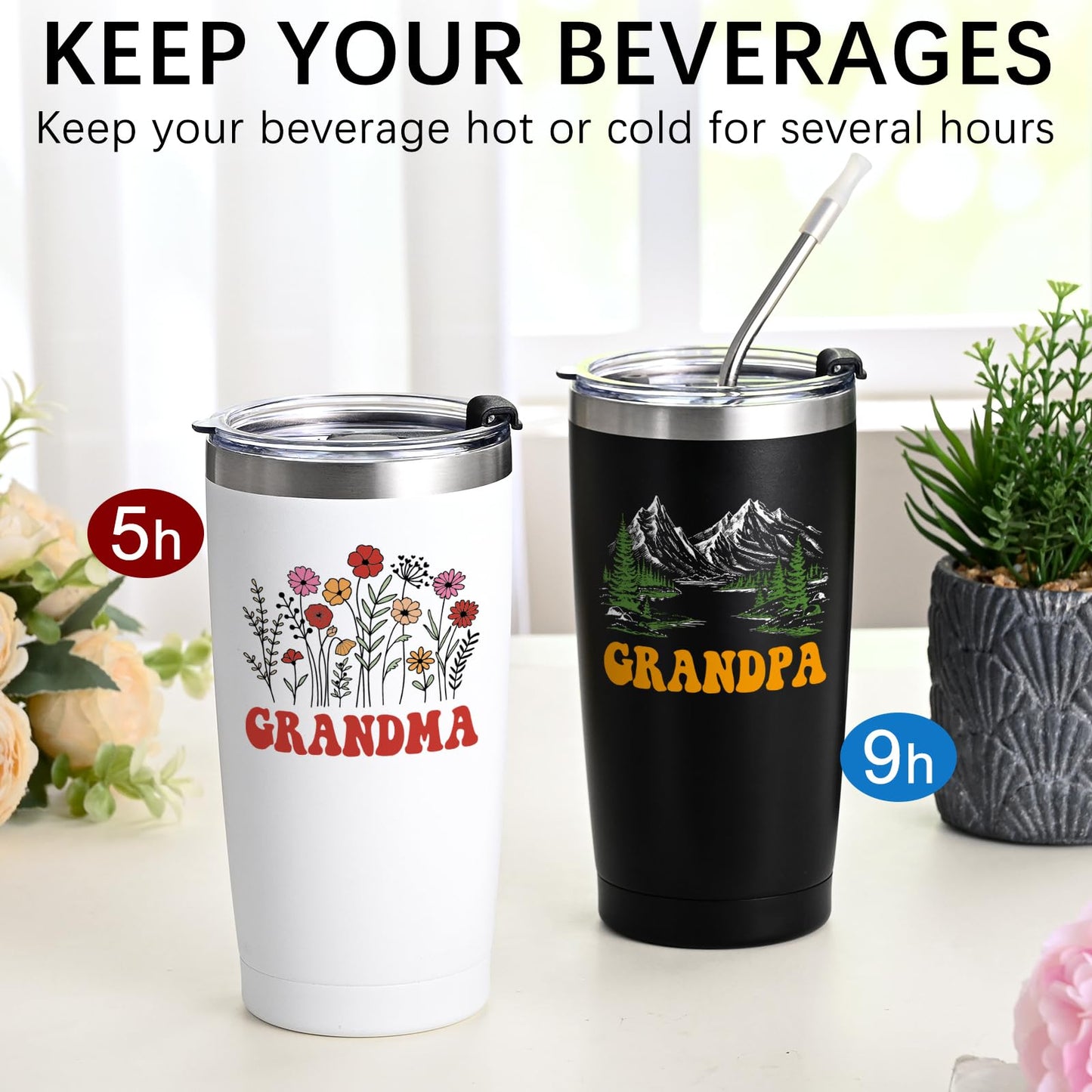 Qtencas Grandma and Grandpa Gifts, Grandparents Christmas Gifts, Grandpa and Grandma insulated Travel Tumbler Set, Gift for Grandparents on Christmas Birthday Anniversary, 20 Oz Black & White