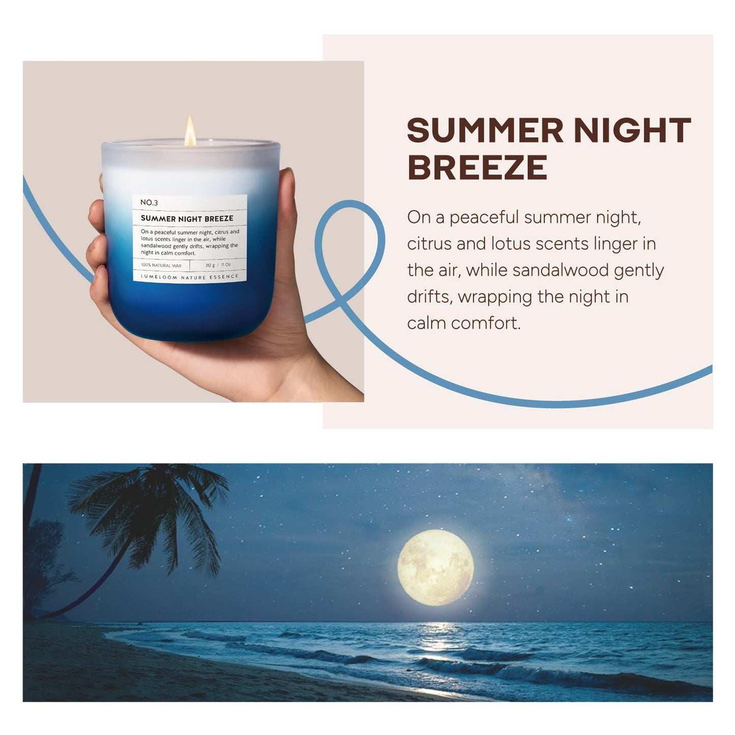 LUMELOOM Summer Night Breeze Scented Candle, 11oz Aromatherapy Soy Wax Candles for Home Scented, Long Lasting, Fathers Day, Fruits, Flower, Wood Scent Gift for Men, Women, Relaxation & Stress Relief