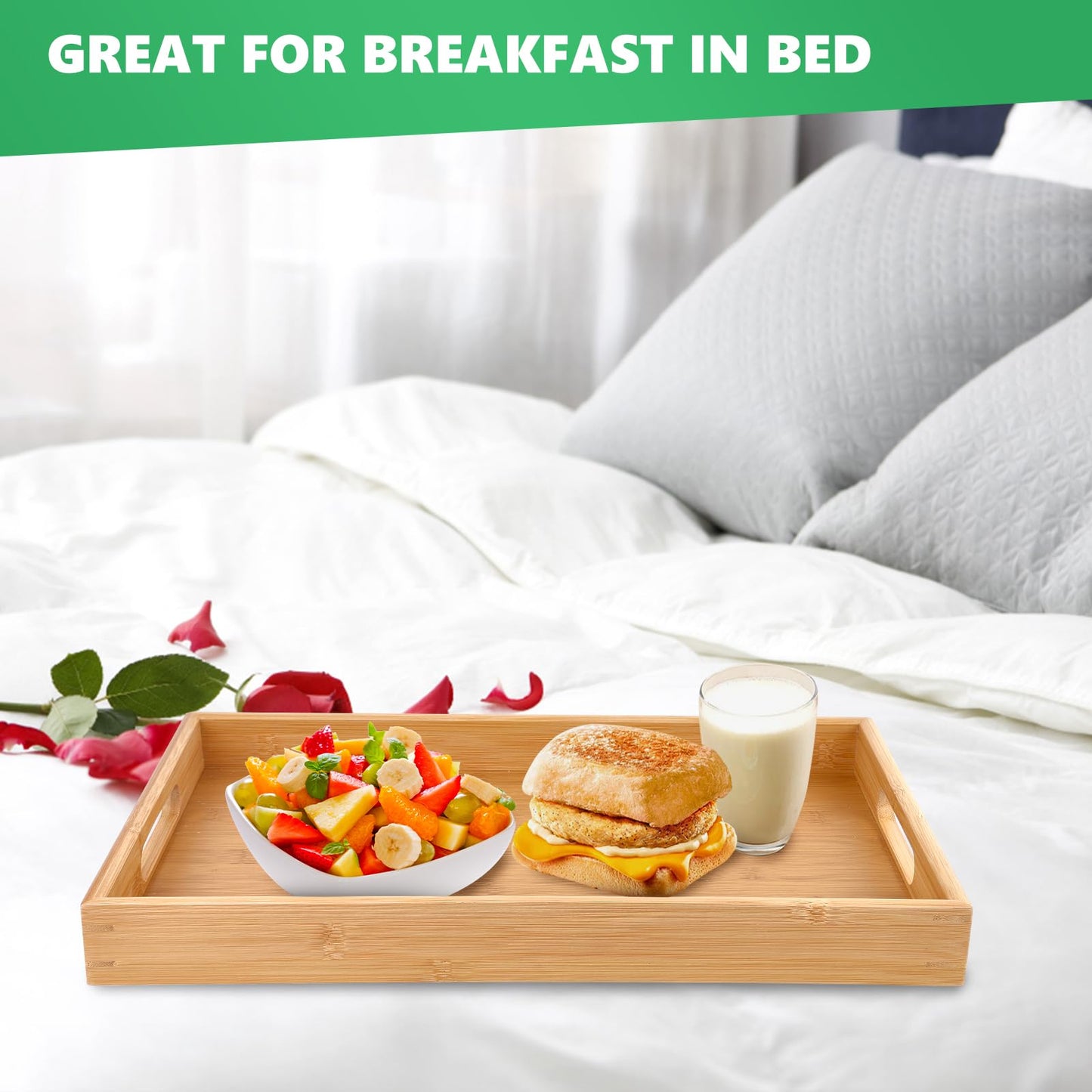 Sgigiul Bamboo Dinner Food Trays for Eating On Couch Party Platters for Serving Food Decorative Tray for Kitchen Counter Rectangle(16.5" Lx11.6''W and 15.5''Lx10.6''W)