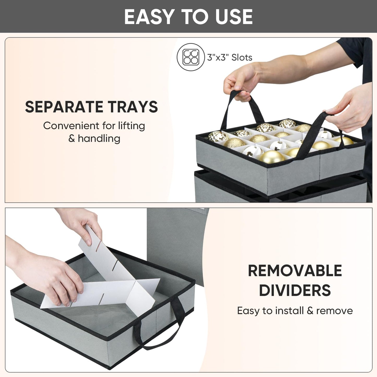 BALEINE Christmas Ornament Storage Box with Dividers, Premium Holiday Ornaments Storage Container Bin for Xmas Decorations (64 Ball, Grey)