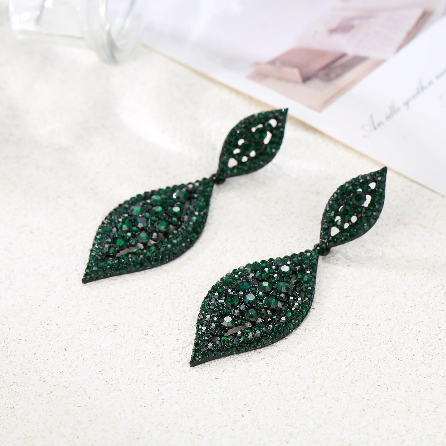 Flyonce Women's Rhinestone Crystal Wedding Bridal 2 Leaf Drop Dangle Chandelier Earrings Large Big Costume Statement Earring Green Black-Tone 3.3"