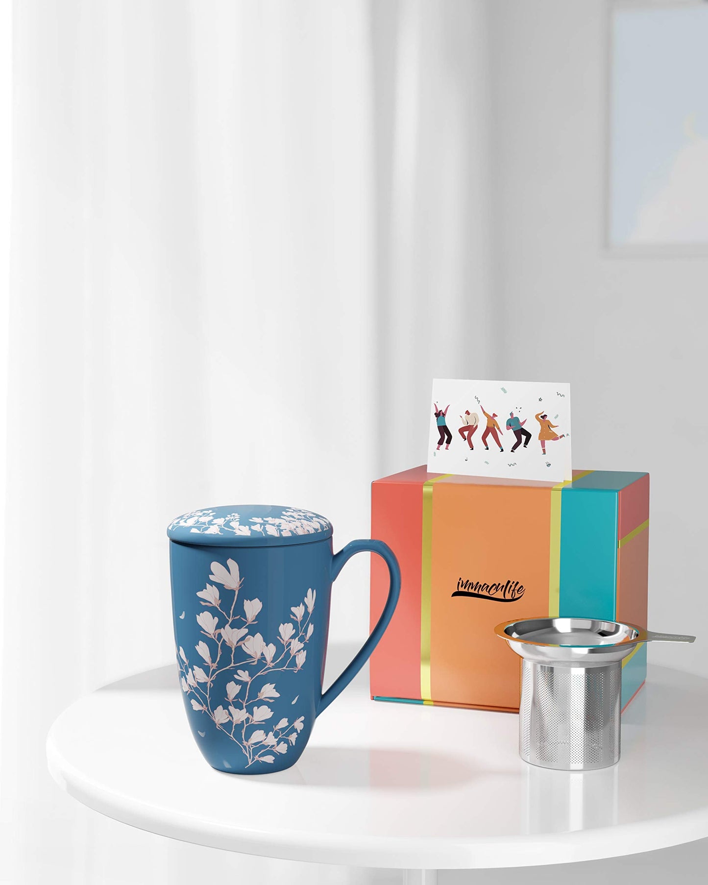 immaculife Tea Cup with Infuser and Lid - Tea Mug with Lid for Steeping Loose Leaf Coffee Milk Women Office Home Gift 16oz Navy Flower