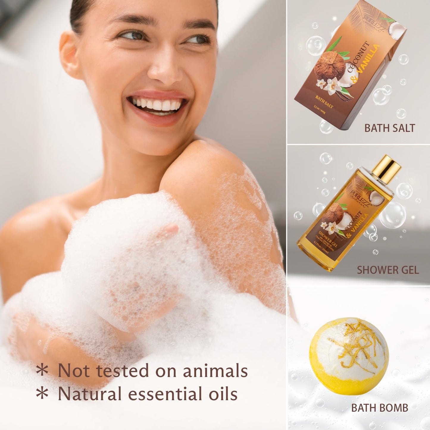 Spa Gift Basket for Women, Coconut & Vanilla Luxury Home Spa Kit, 8pcs Bath Gift Set, Birthday Gift for Women Unique with Bath Bombs, Scented Candle, Body Lotion, Spa Bath Sets for men Gift