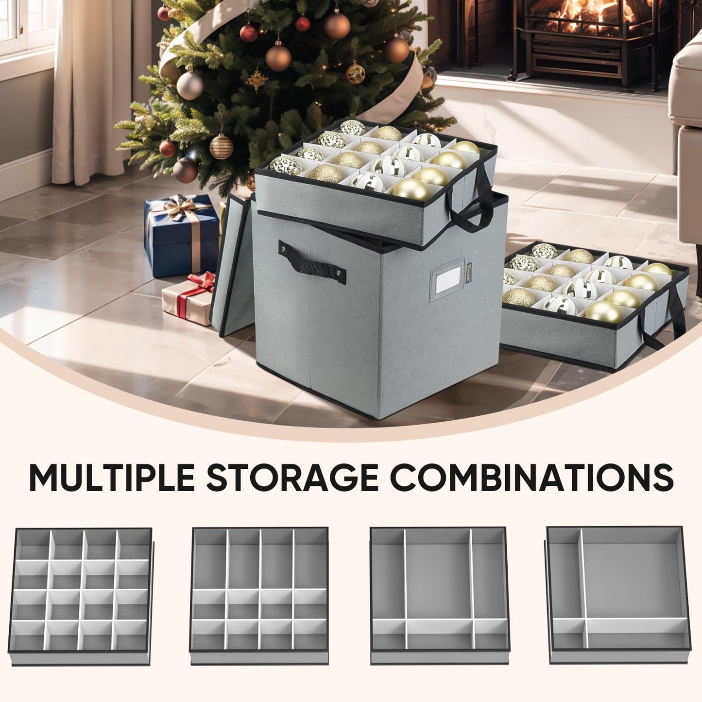 BALEINE Christmas Ornament Storage Box with Dividers, Premium Holiday Ornaments Storage Container Bin for Xmas Decorations (64 Ball, Grey)