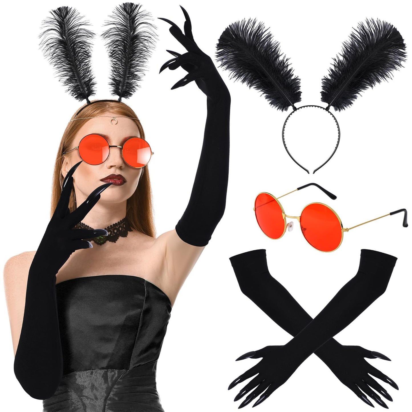 Twistover 3 Pcs Halloween Mothman Costume Accessories Include Paw Gloves Glasses Feather Headband for Unisex Adults Women Men(Retro)