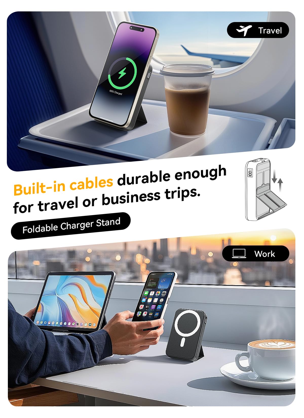 Gxorul Magnetic Portable Charger, 10000mAh Wireless Power Bank with 20W USB-C Fast Charging, Foldable Stand & LED Display Magnetic Battery Pack, Compatible with iPhone 16/15/14/13/12 All Series