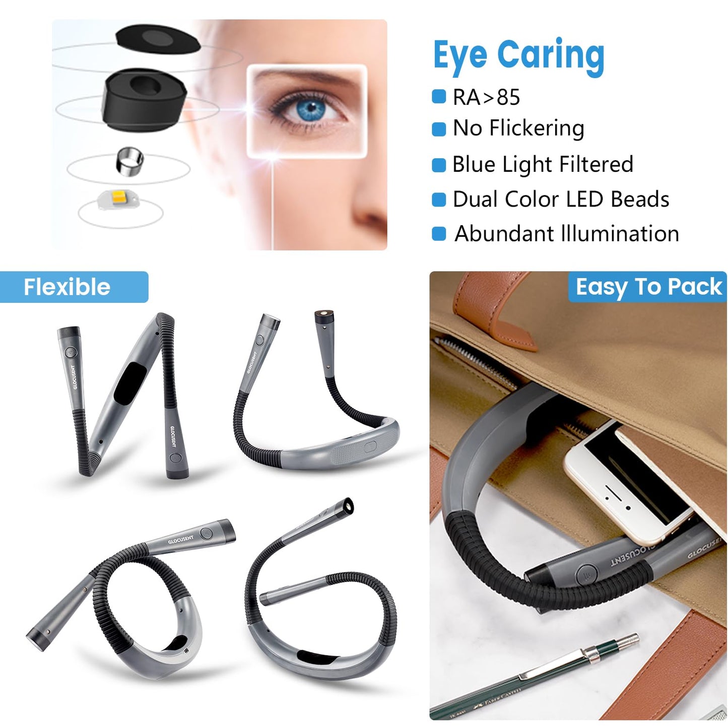 Glocusent Book Light, 3-Color & 6-Brightness Reading Light, Bendable Neck Light, 80-hr Lasting Rechargeable Lamp, Perfect Book Light for Reading in Bed, Knitting, Camping, Repairing, Book Lovers Gifts