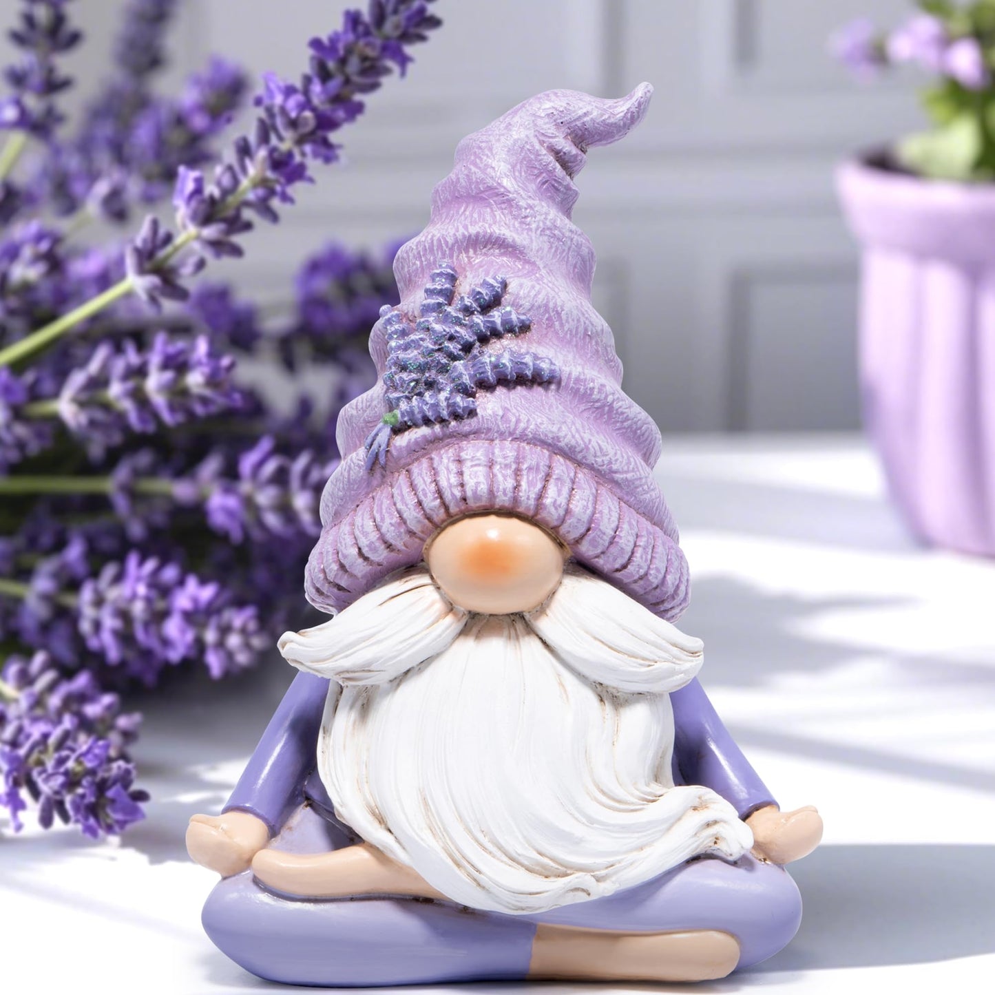 Hodao Lavender Meditating Gnome – Peaceful Resin Figurine for Spring Decor or Mindfulness Gift for Women 6.5” Tall