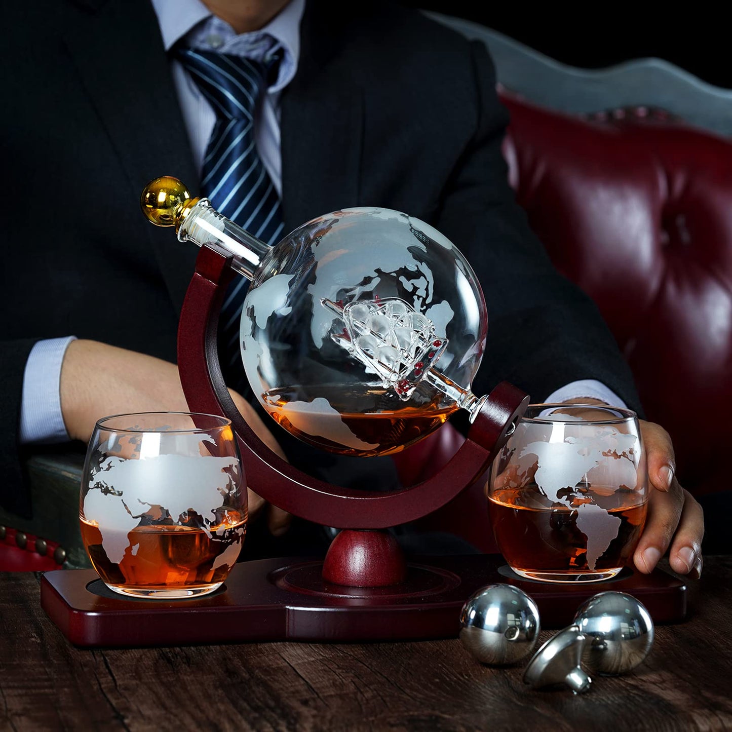 PONPUR Gifts for Men Dad Christmas, Whiskey Decanter Globe Set with 2 Ball Stones & 2 Glasses, Anniversary Birthday Gifts for Him Husband Boyfriend Brother, Cool Stuff Gift for Bourbon Scotch