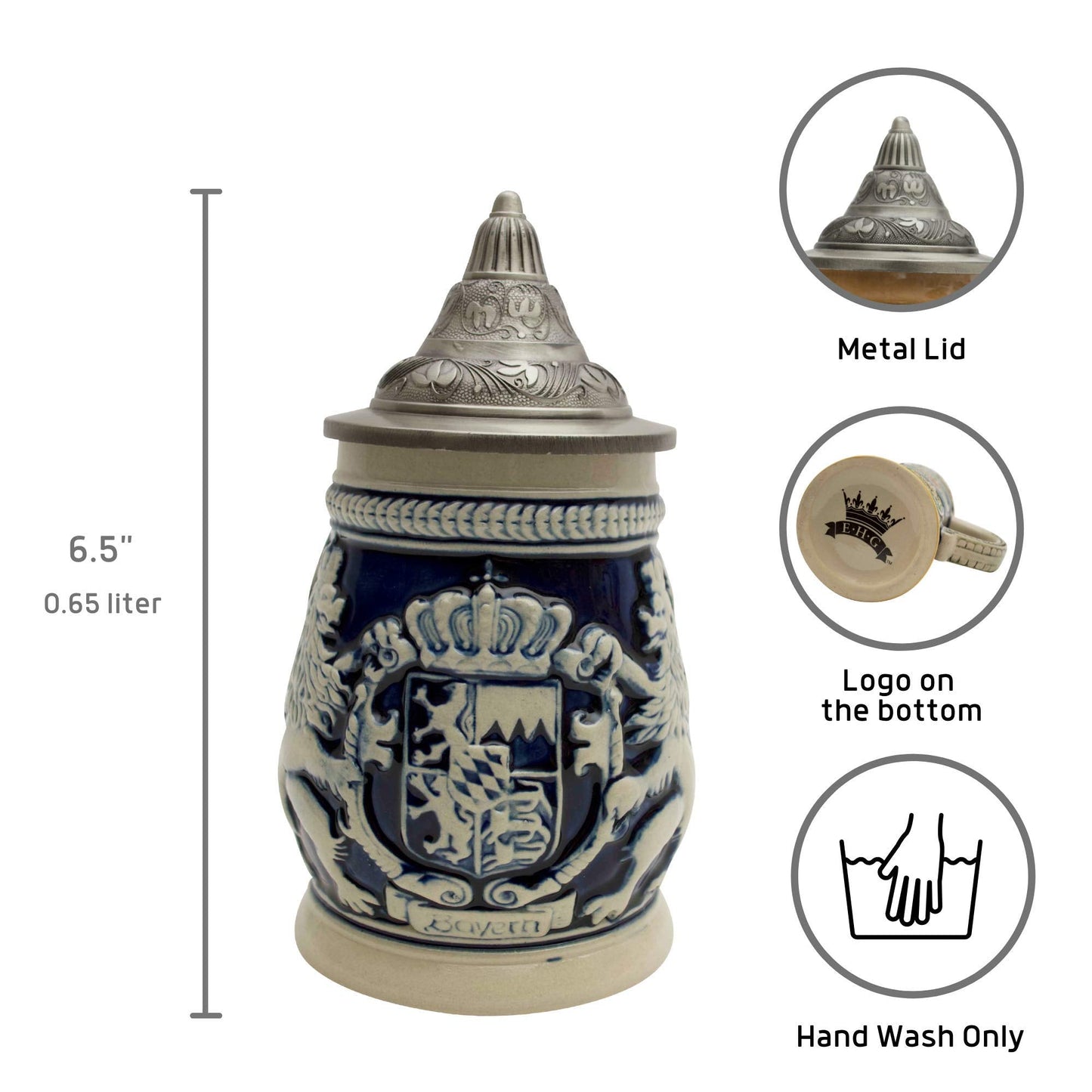 Essence of Europe Gifts 0.65 Liter German Beer Stein with Lid - Engraved Hand Painted Bayern Coat Of Arms Beer Steins Mug - Oktoberfest Ceramic Tankard Beer Mug