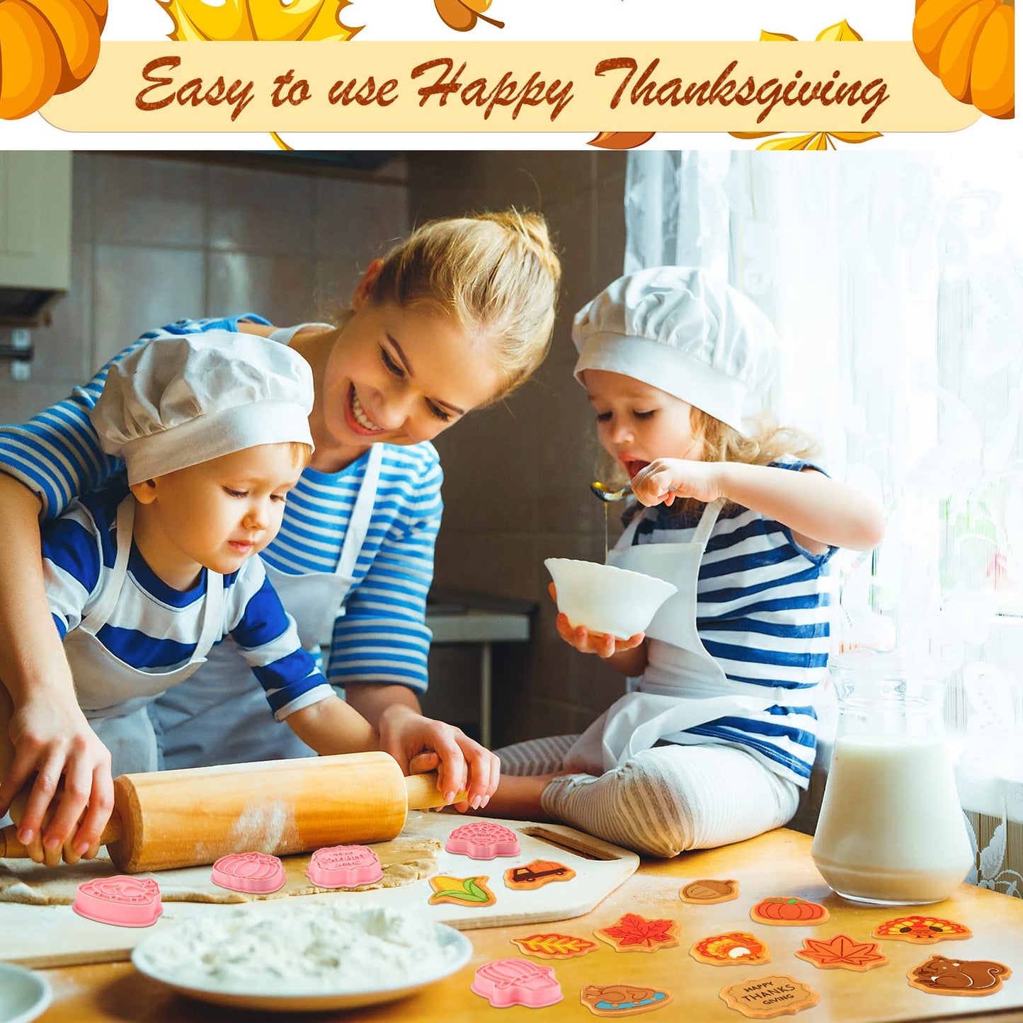 Hoolerry 16 Pcs Thanksgiving Cookie Cutter with Plunger Stamp Fall 3D Biscuit Cutter Pastry Fondant Embossing Mold for Baking Supplies