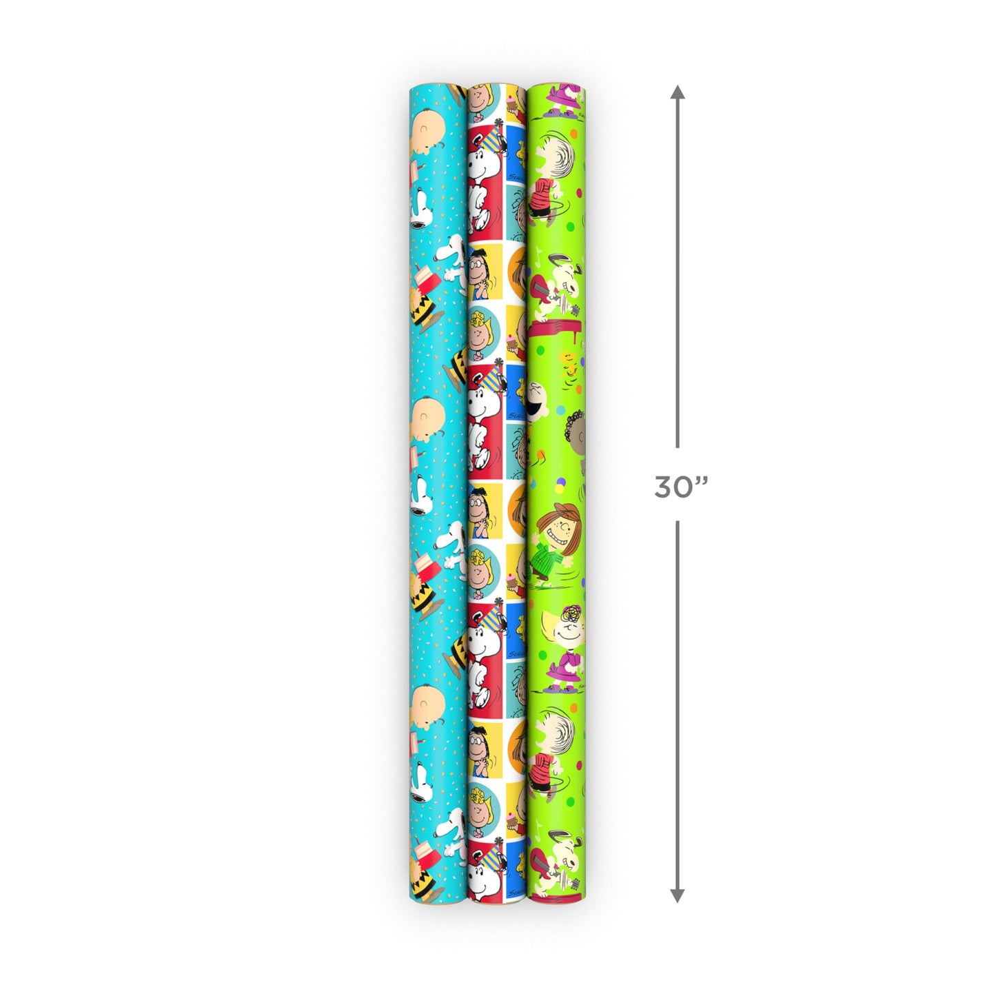 Hallmark Peanuts Wrapping Paper Rolls for Birthdays, Easter, Christmas (Set of 3 Rolls: 60 Sq. Ft. Total) Snoopy, Charlie Brown, Woodstock, Green, Blue, Red