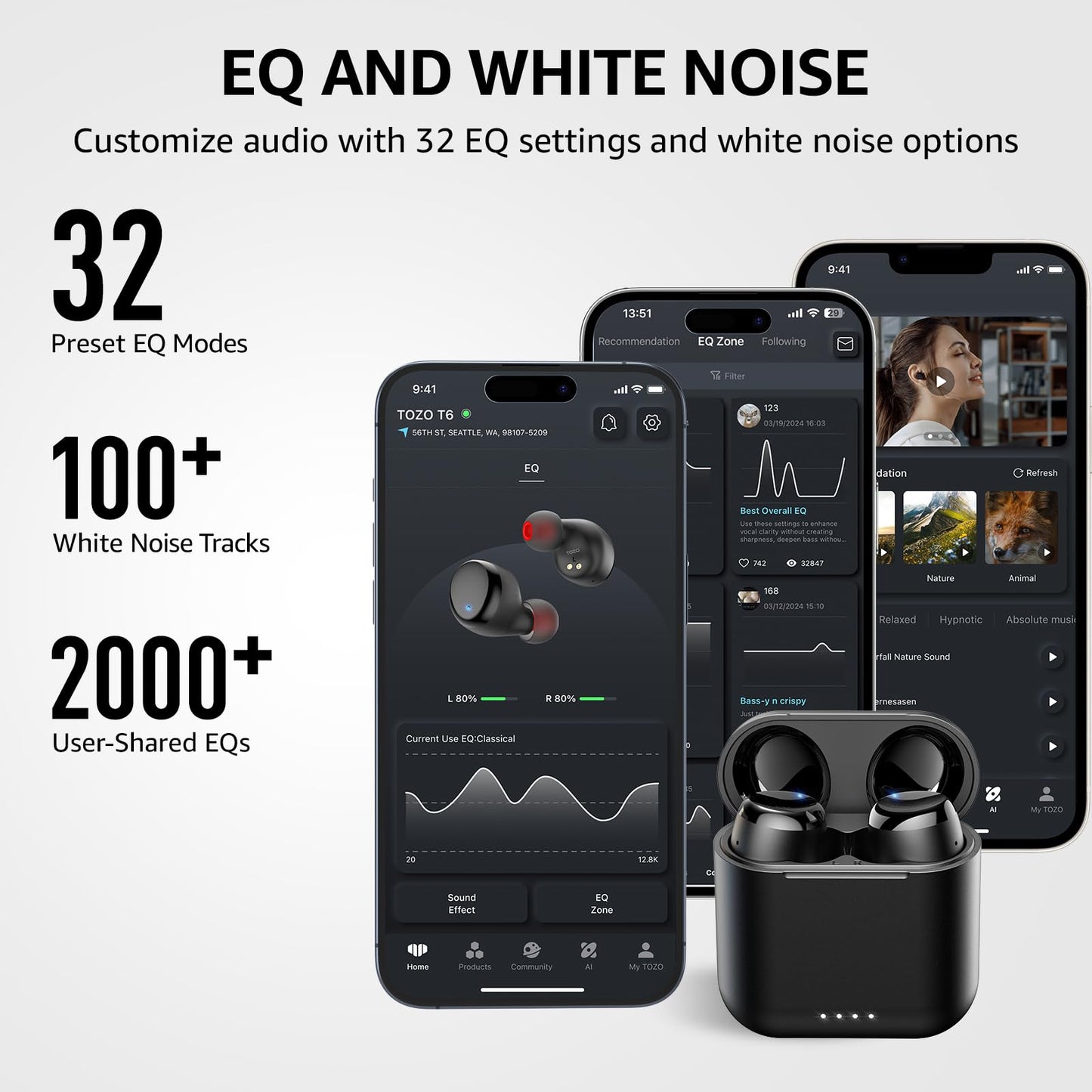 TOZO T6 Wireless Earbuds, Bluetooth 5.3 Ear Buds, Stereo Sound in Ear Headphones, 50 Hours Playtime, Wireless Charging Case, APP Customizable EQs, IPX8 Waterproof Earphones