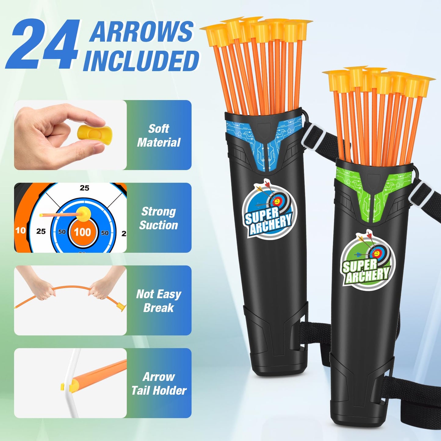 HYES 2 Pack Bow and Arrow for Kids, LED Light Up Archery Set with 24 Suction Cup Arrows, 1 Standing Target, 6 Score Targets & 2 Quiver, Indoor Outdoor Sport Gifts for Boys Girls Ages 4-8