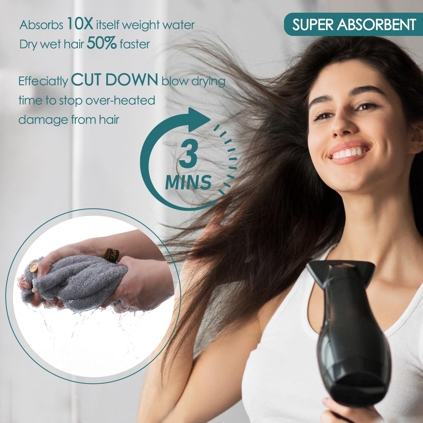 JEFFSUN Microfiber Hair Towel Wrap, Stocking Stuffers for Girls, 2 Pack Super Absorbent Quick Dry Wet Hair Turban for Drying Curly, Long, Thick, Frizzy Hair, Womens Hair Care Routine Must Have