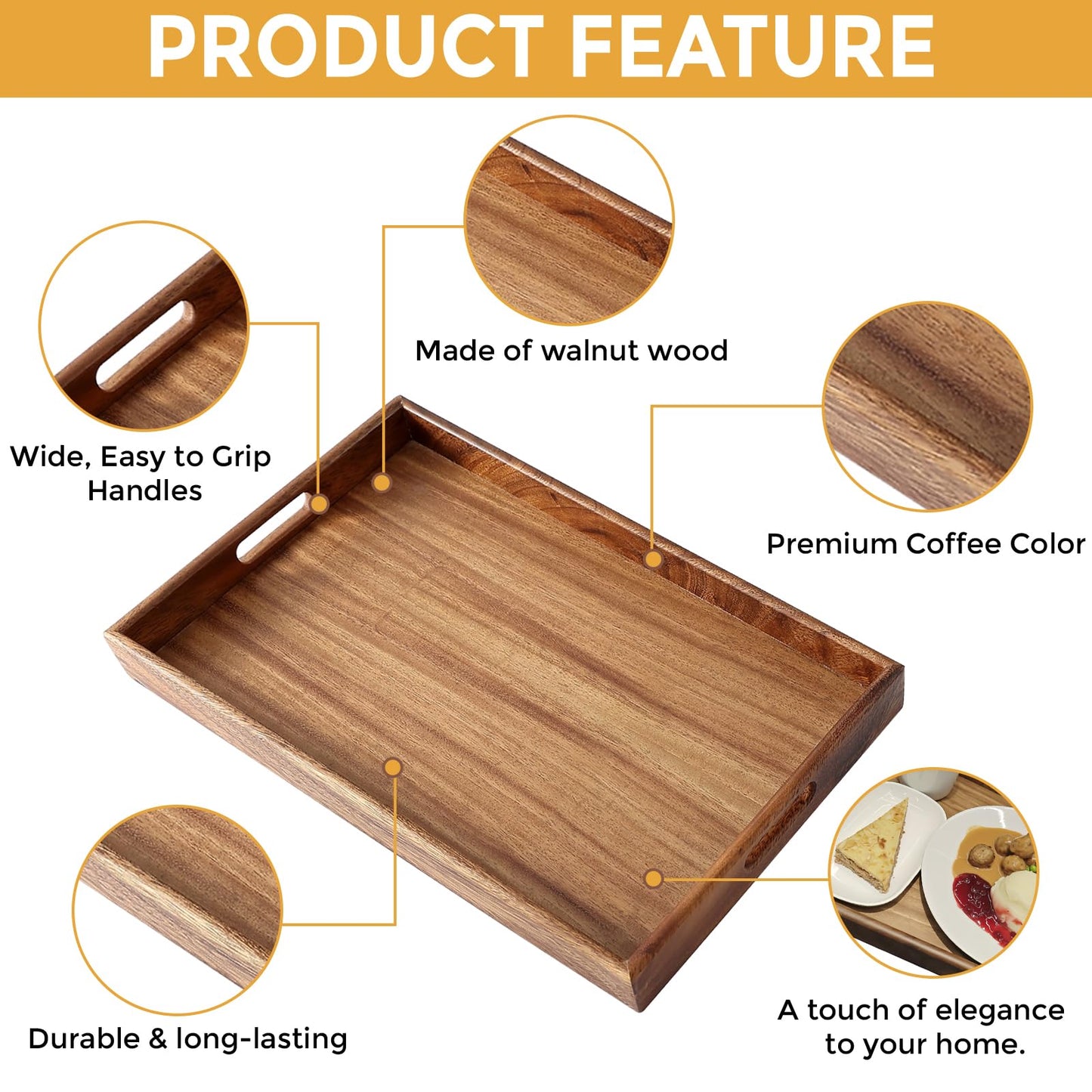 MOOKOMI Walnut Wood Serving Tray with Handles - Stylish Coffee and Food Tray for Home, Ottoman, or Dining Use(15.7 Inches)