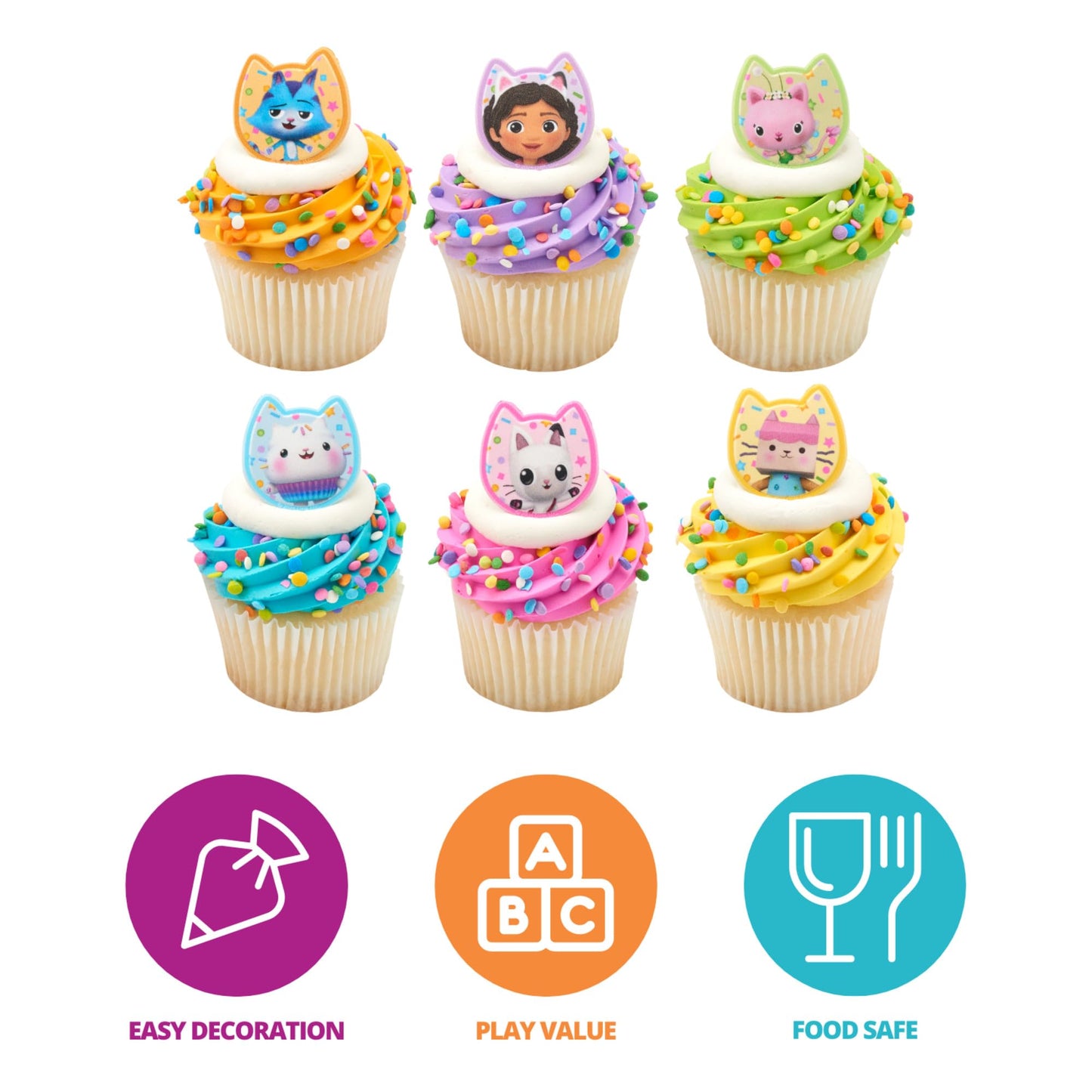 DecoPac DreamWorks Gabby's Dollhouse Rings, 72 Cupcake Decorations Featuring Gabby, Pandy Paws, Irresistible Kitty Characters, and Super Fun Adventures! - 72 Pack