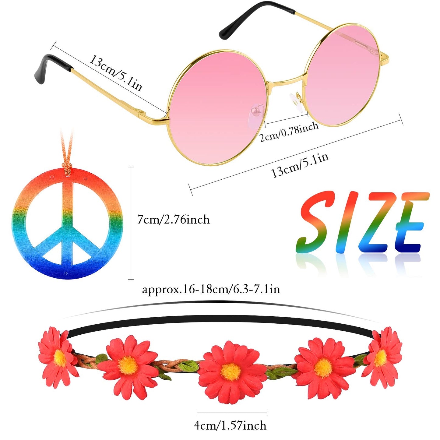 TUPARKA 30PCS Hippie Glasses Headband Costume Accessory Set Includes Multicolor Daisy Flower Headbands,Round Hippie Sunglasses and Peace Sign Necklaces for Hippie Party Supplies